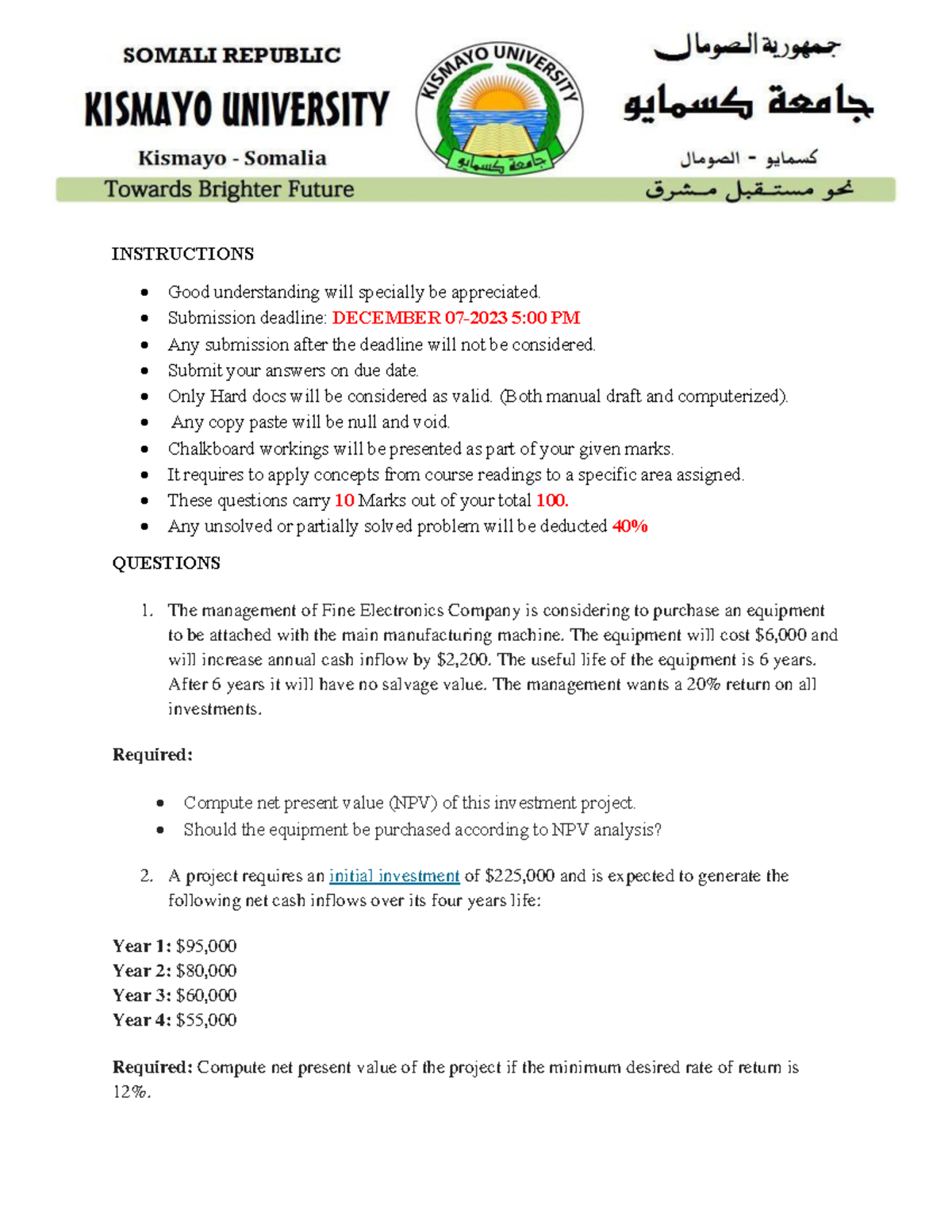 Corporate Finance Course: Final Exam Project Questions and Guidelines ...