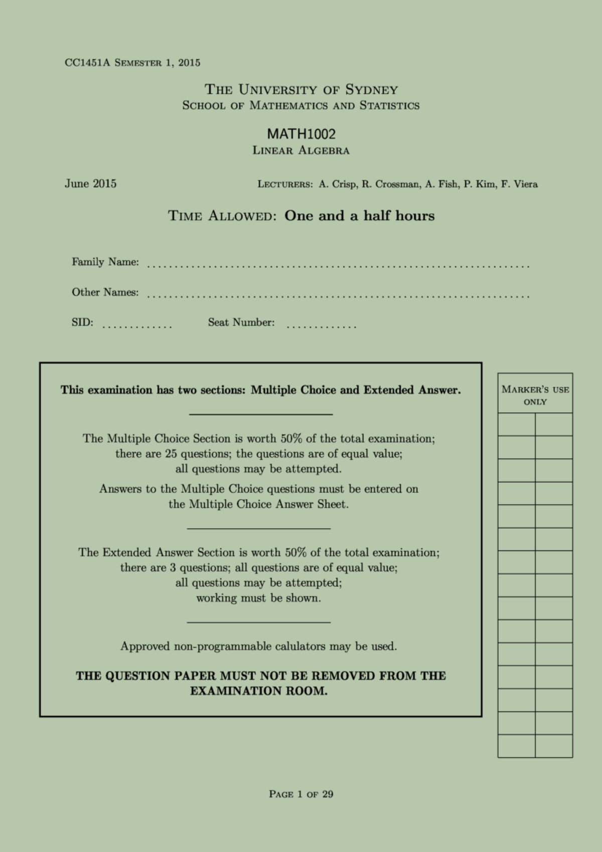 MATH1002-2015-EAQ - ans - CC1451A SEMESTER 1, 2015 THE UNIVERSITY OF ...