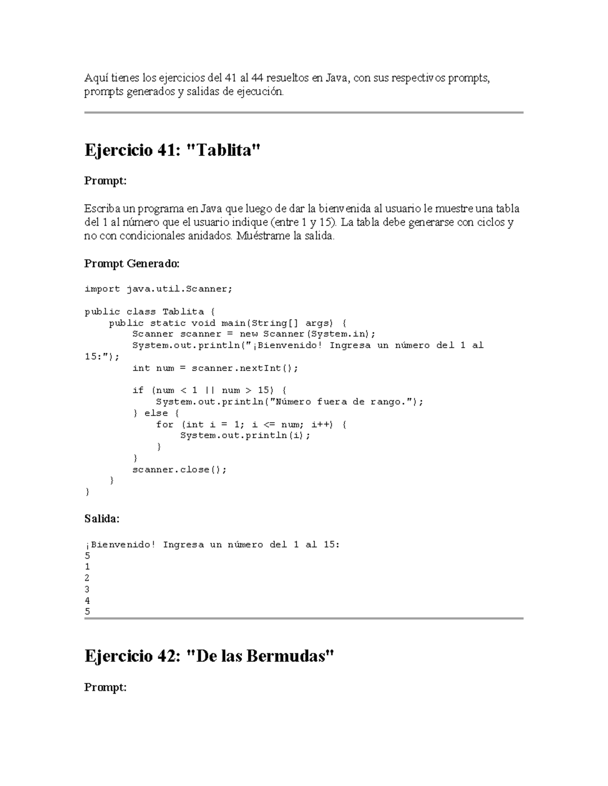 Ejercicios Resueltos en Java del 41 al 79: Prompts y Salidas - Studocu