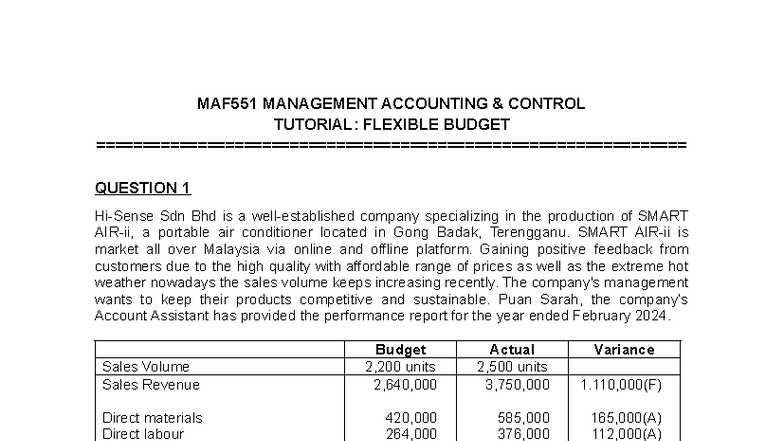 MAF551 MANAGEMENT ACCOUNTING CONTROL TUTORIAL: FLEXIBLE BUDGET ANALYSIS ...