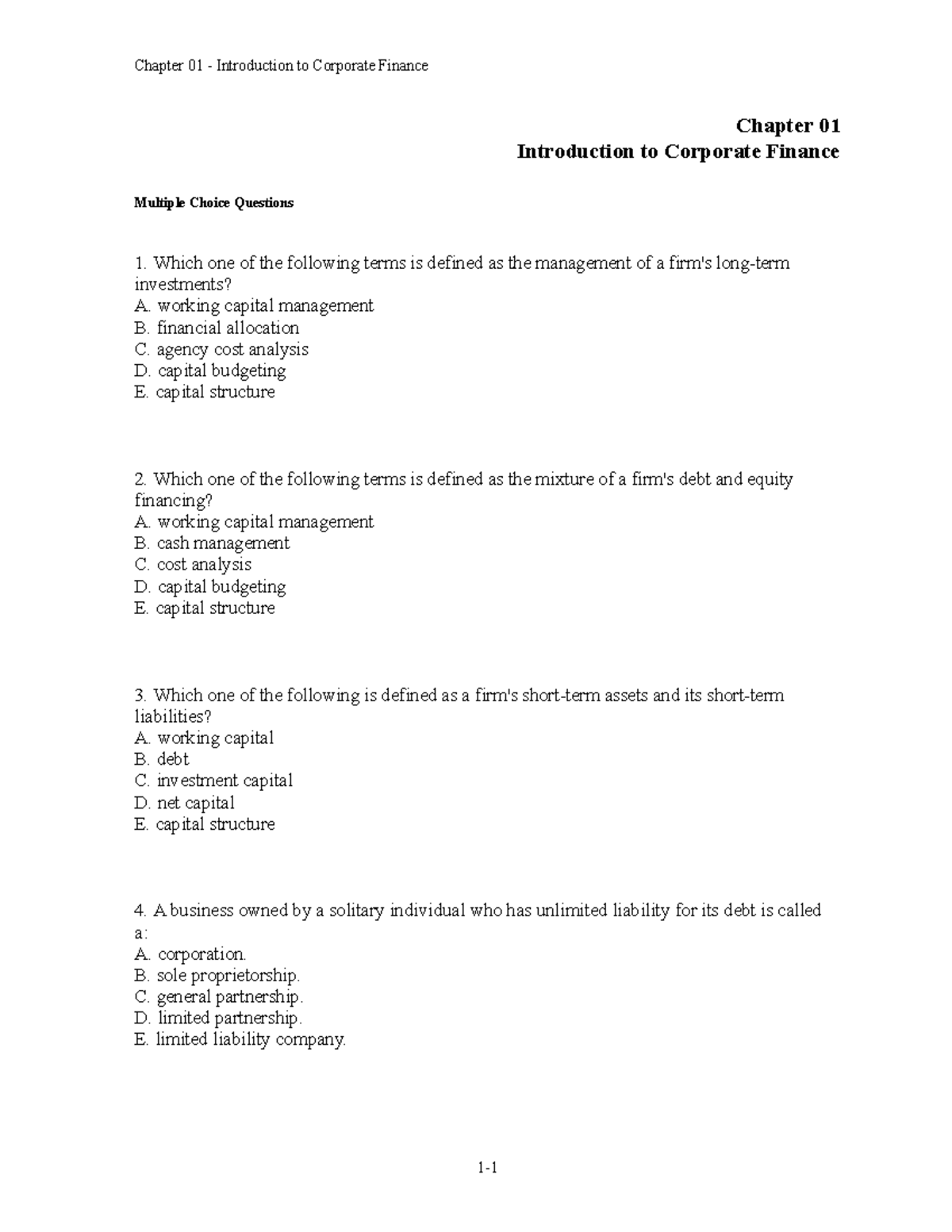 Chap001 - wwww - Chapter 01 Introduction to Corporate Finance Multiple ...