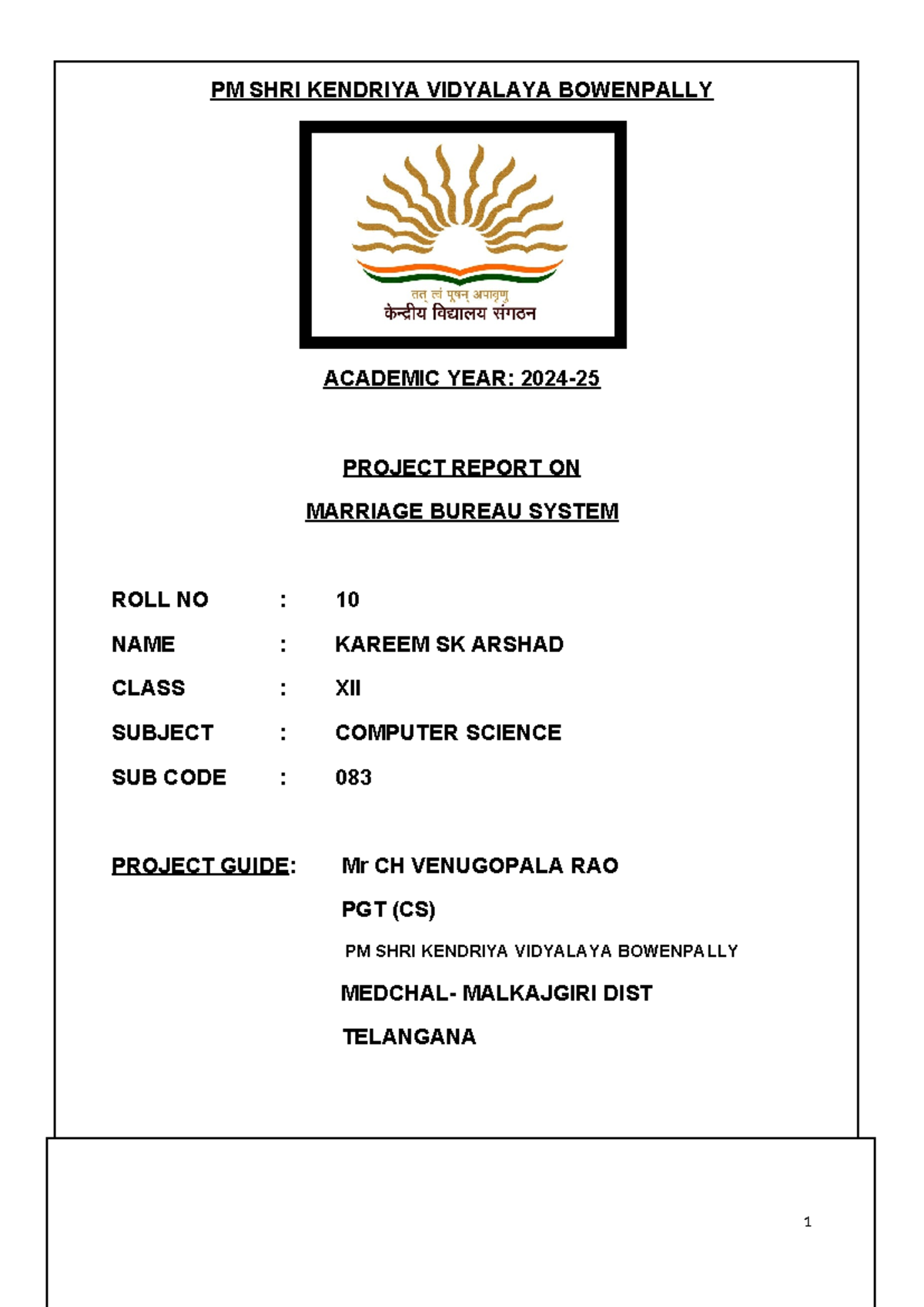 Final Project Report on Marriage Bureau System - Class XII C.Sc (083 ...