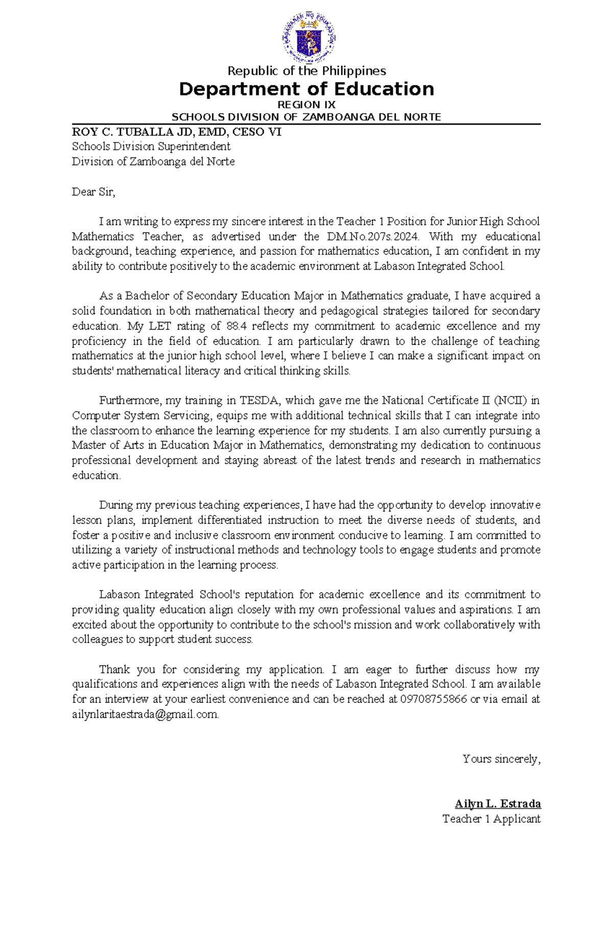 Application for Teacher 1 Position - LOI for T1 - Studocu