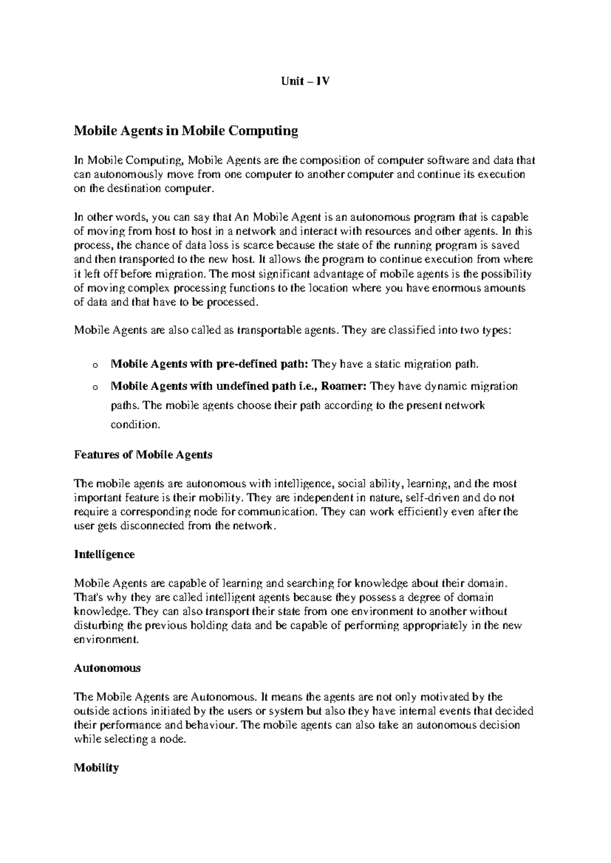 Unit IV: Mobile Agents in Mobile Computing - Comprehensive Notes - Studocu
