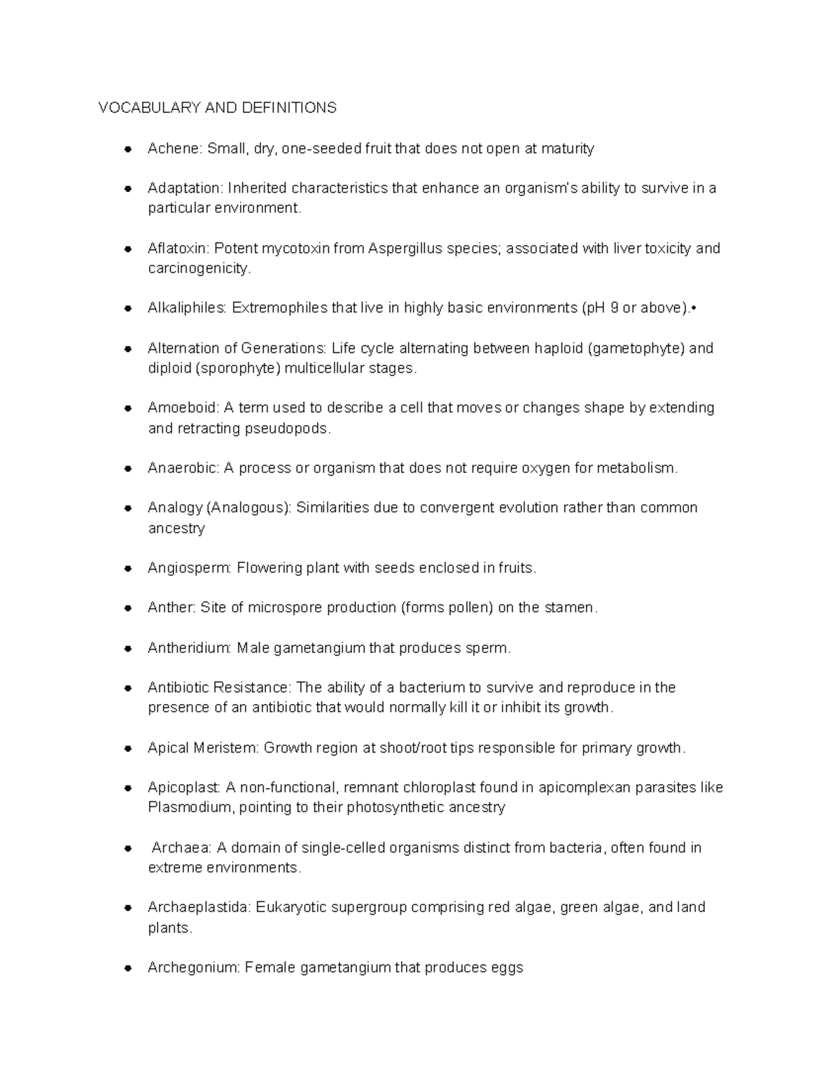 Biology 191 Study Guide: Key Terms and Definitions Overview - Studocu