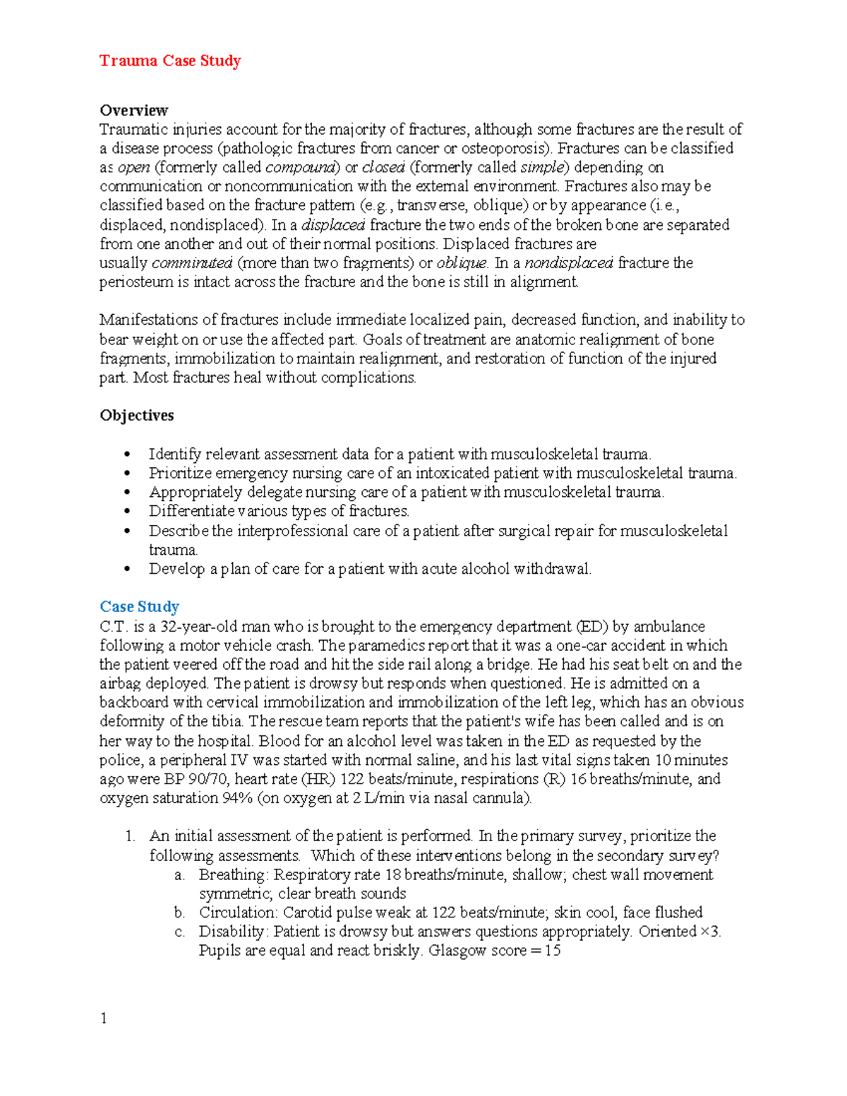 Trauma Case Study Overview: C.T.'s Musculoskeletal Injuries and Care ...