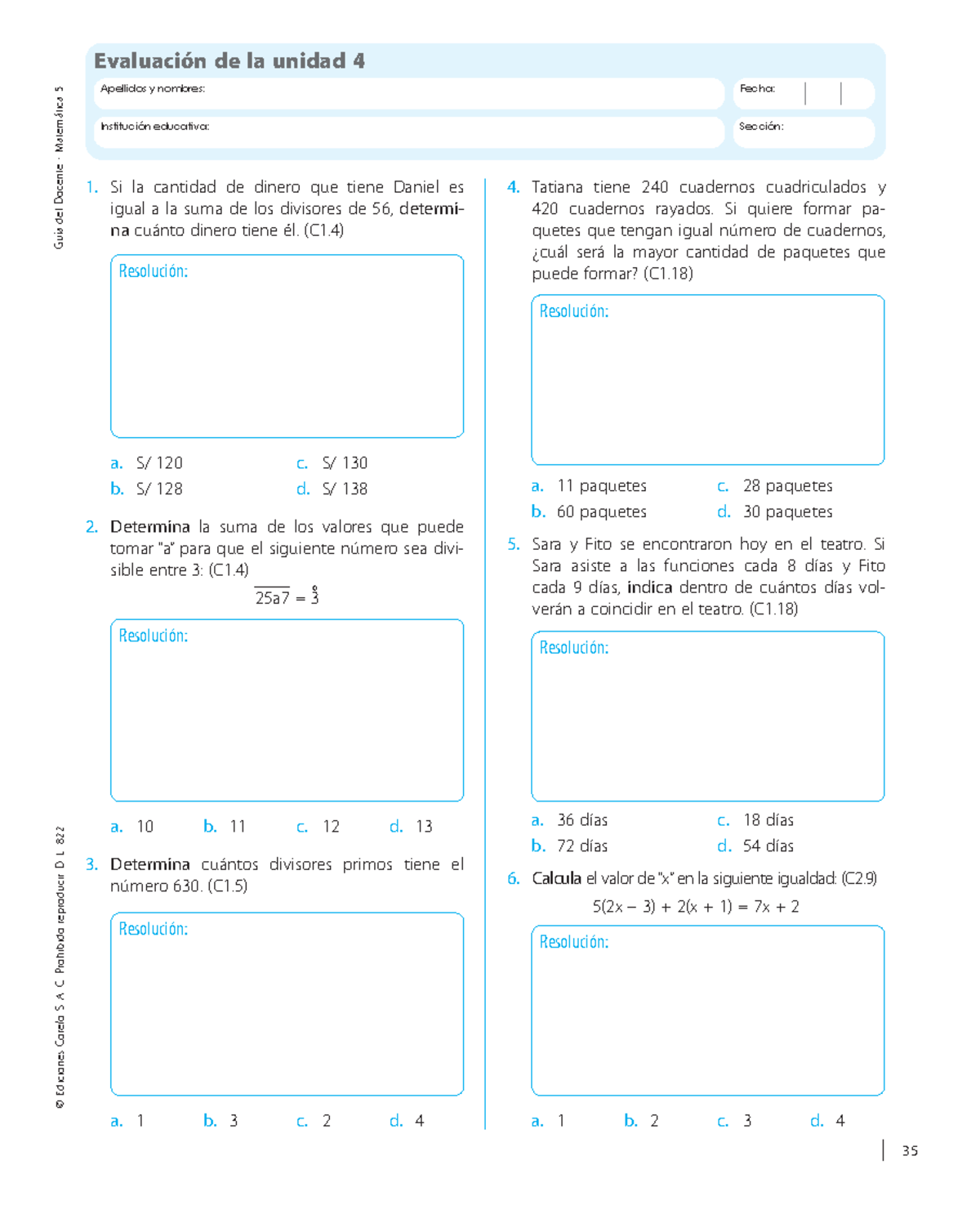Evaluación Unidad 4 - Matemática 5 - Apuntes de Resolución - Studocu