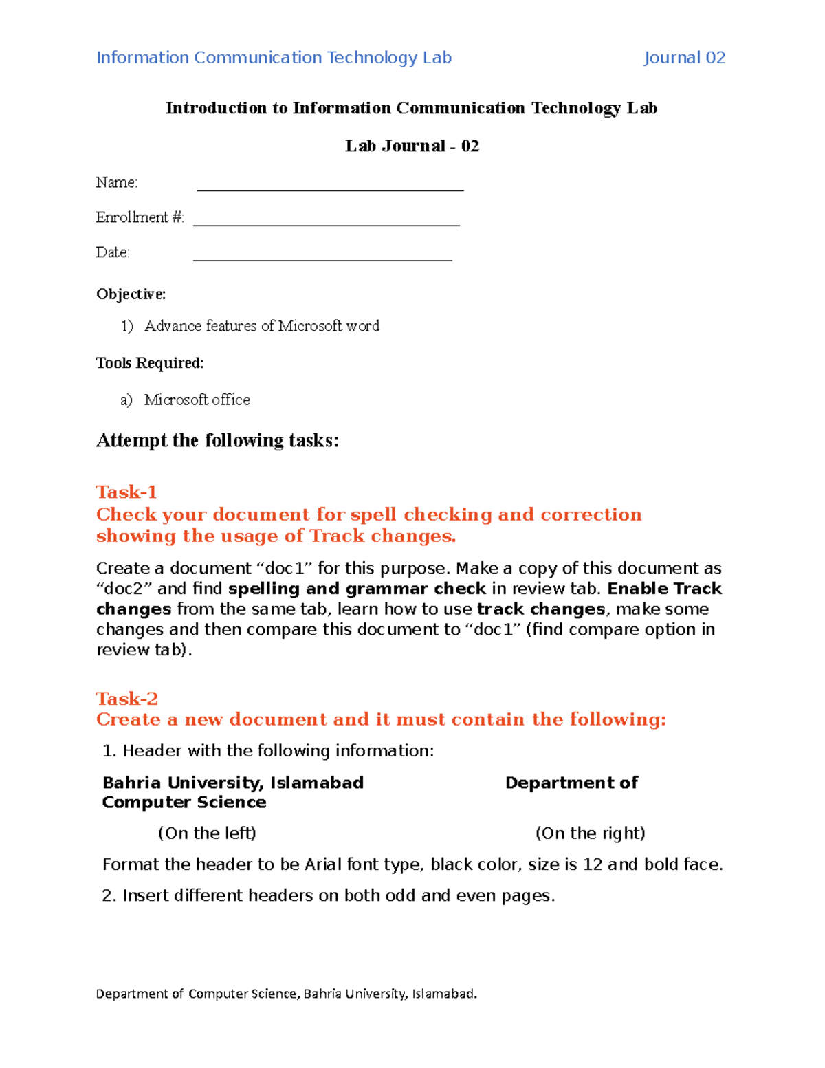 Lab Journal Requirements for ICT Lab (CS Course) - Studocu