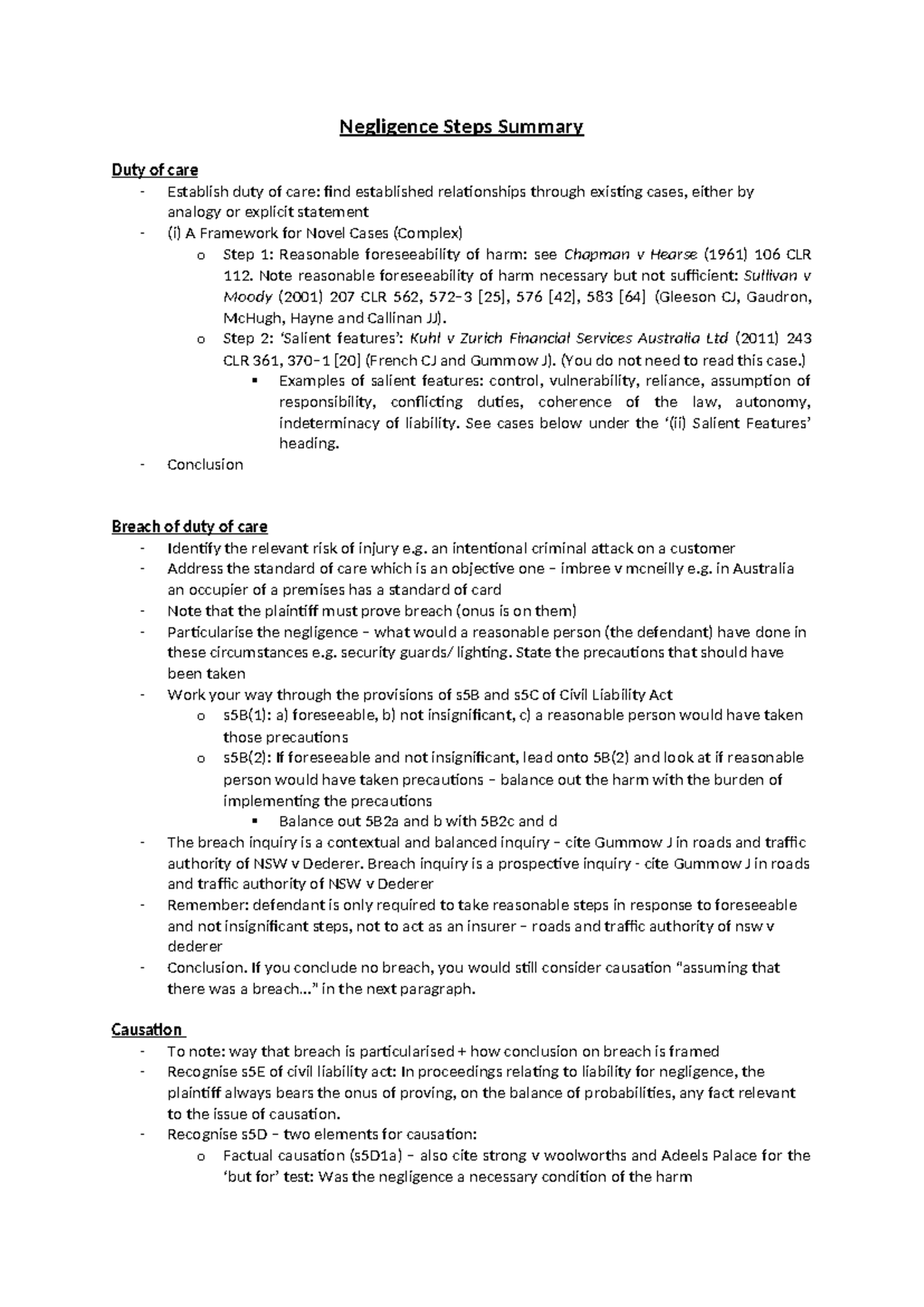 Negligence Law: Steps, Breach, Causation, and Defences Overview - Studocu