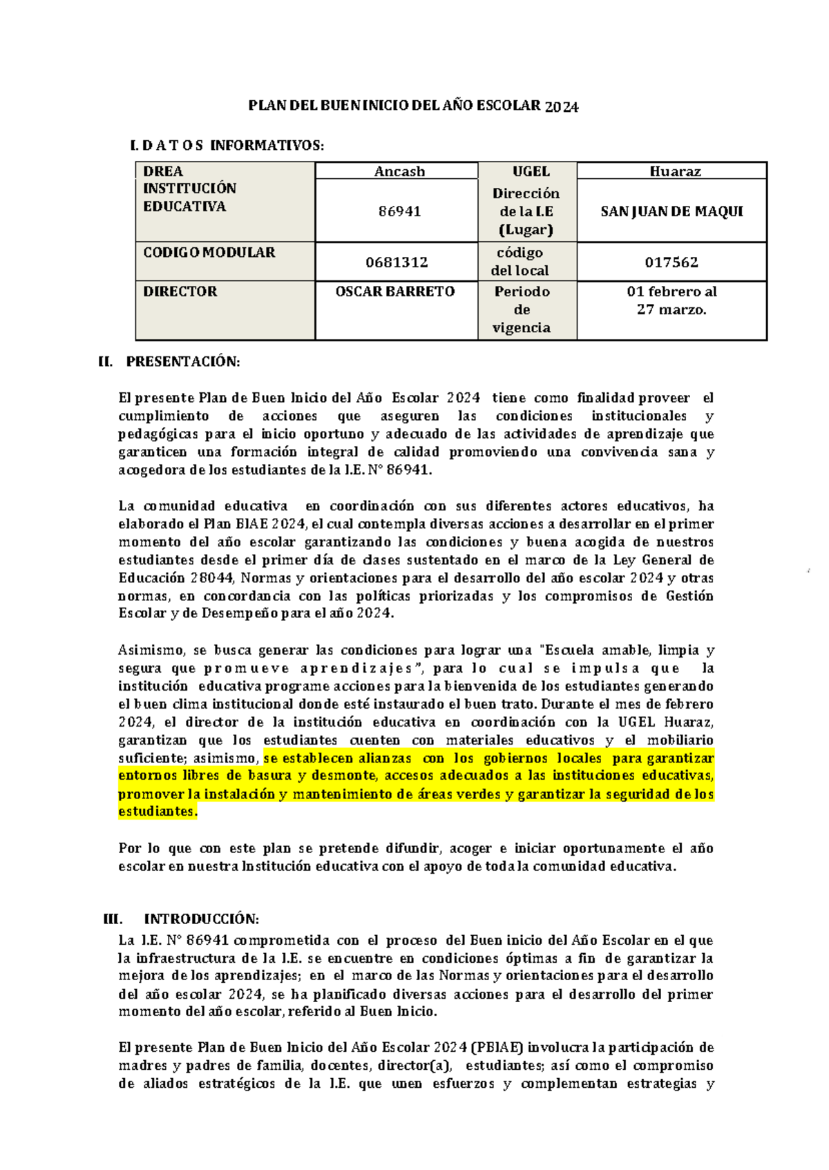 PLAN DE BUEN INICIO DEL AÑO ESCOLAR 2024 - I.E. 86941 - Studocu