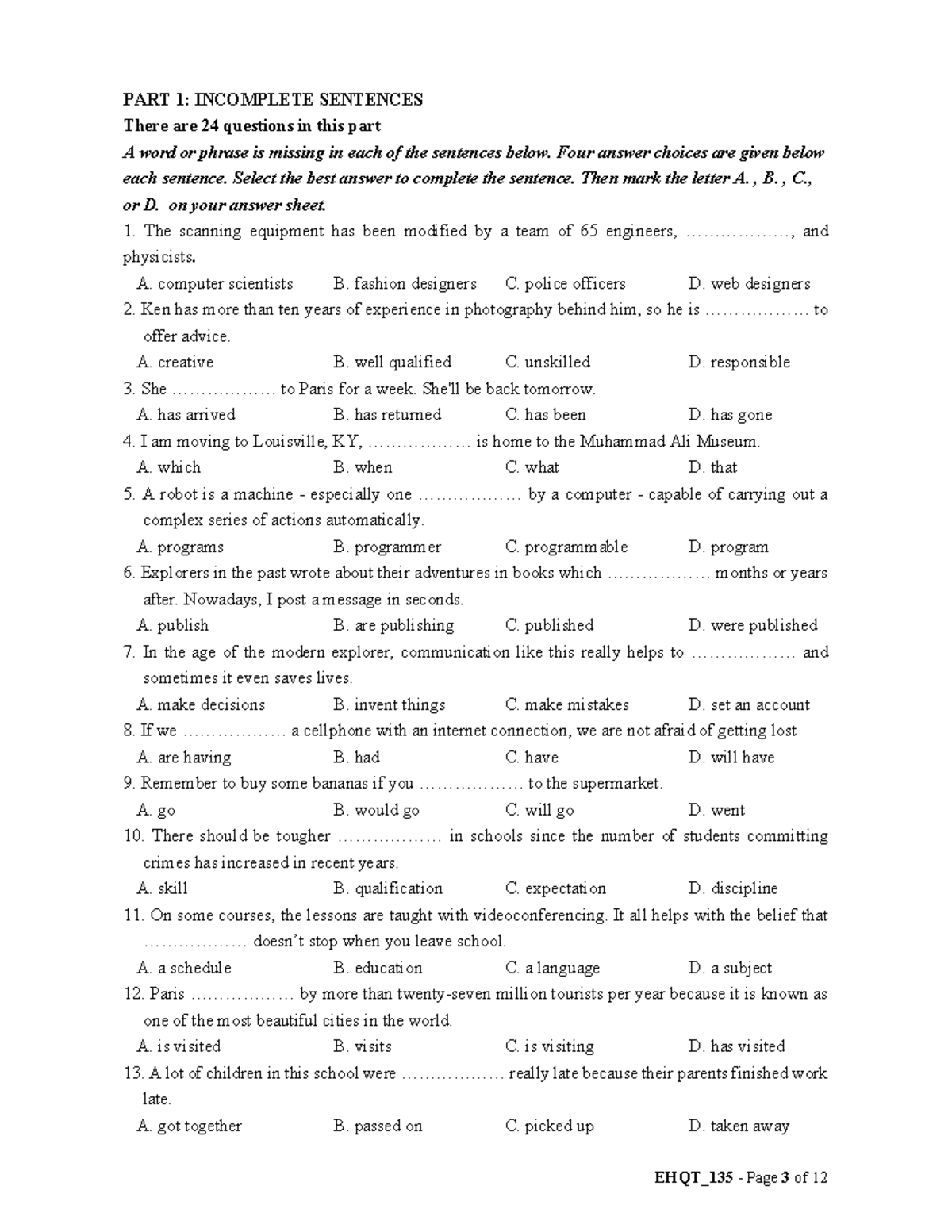 Sample Test E3 - Test 03: Incomplete Sentences & Texts - Studocu