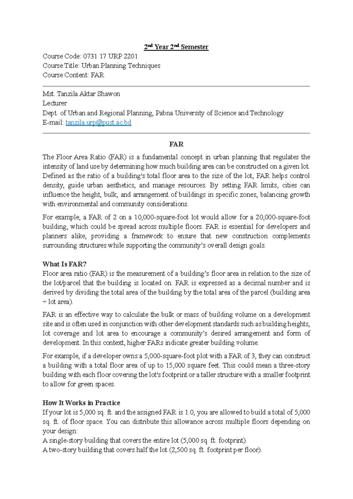 FAR - Urban Planning Techniques (URP 2201) Lecture Notes - Studocu