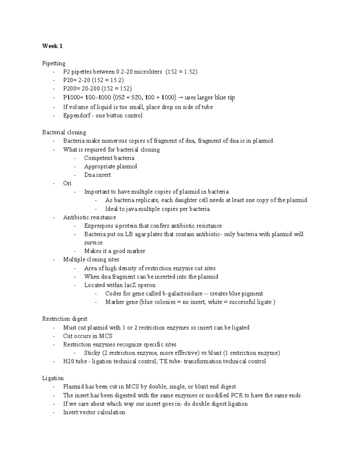 Lab Notes - Week 1 Pipetting - P2 pipettes between 0-20 microliters ...