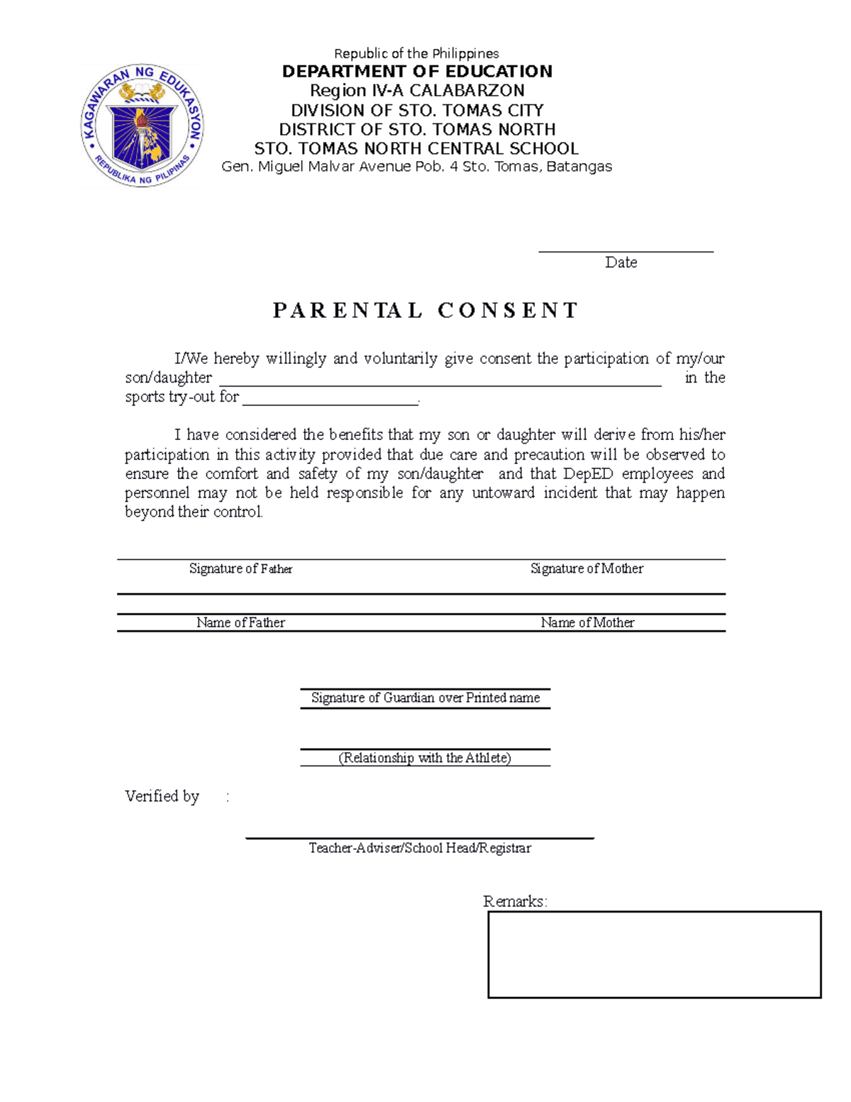 Parental Consent Form for Sports Try-Out Participation - Studocu
