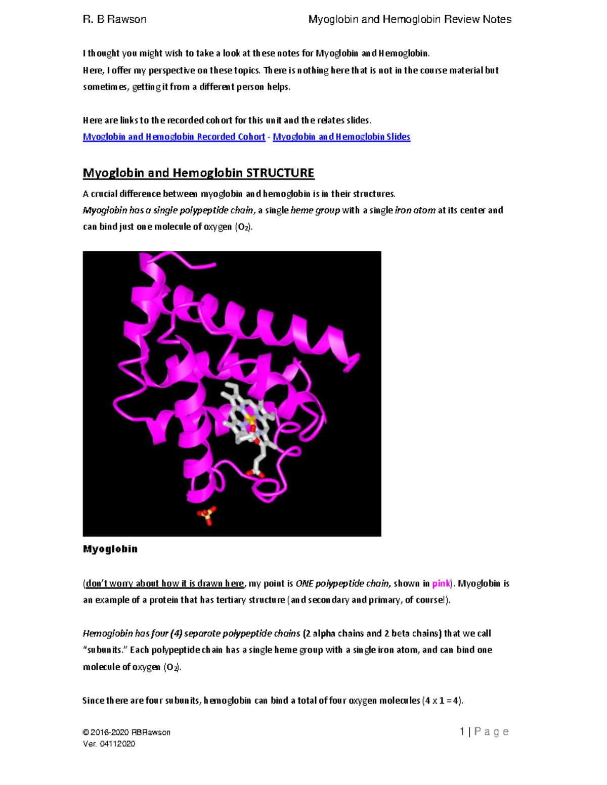 Unit 5 - Review Notes on Myoglobin & Hemoglobin Structure and