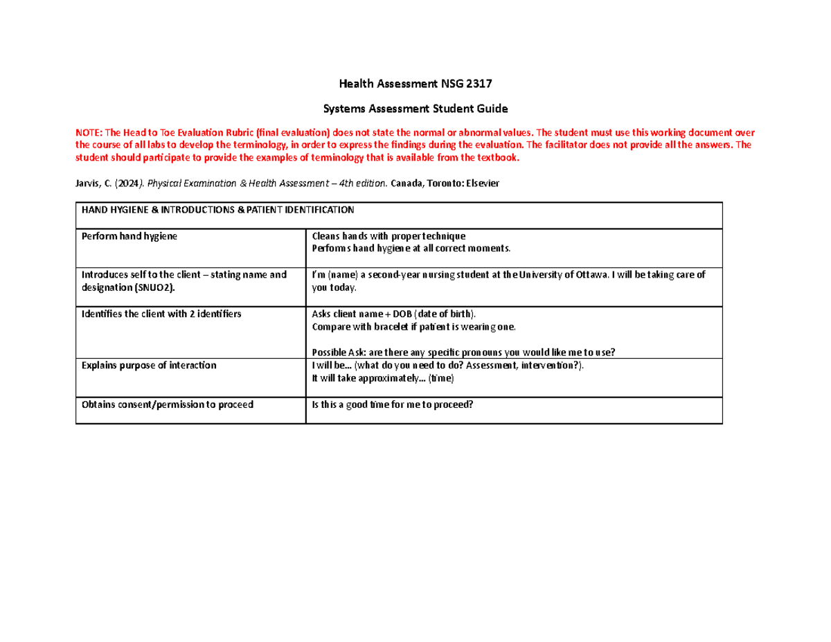 Health Assessment Systems Guide NSG 2317 (Student Version) 2024 - Studocu