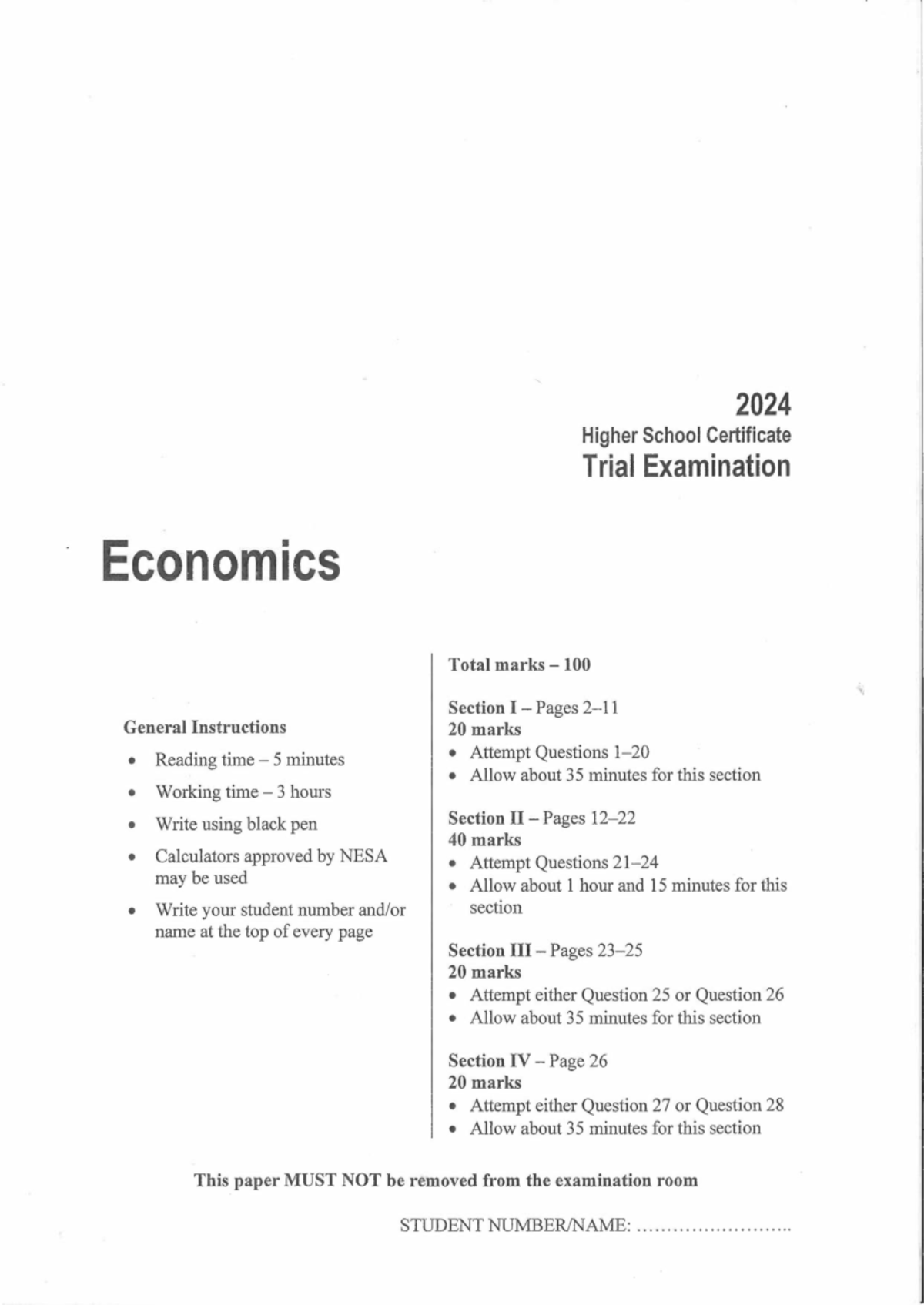 2024 HSC Trial Exam Economics - Total Marks 100 - Studocu