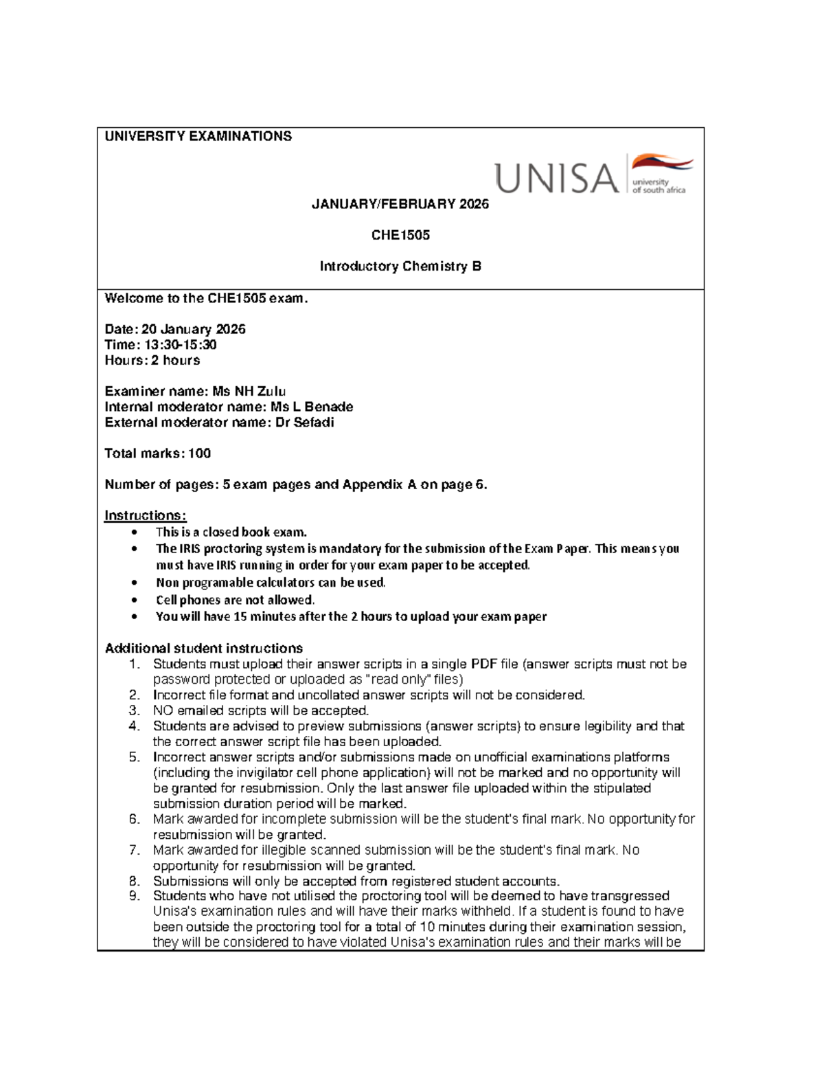 CHE1505 Final Exam Guidelines and Instructions - January 2026 - Studocu