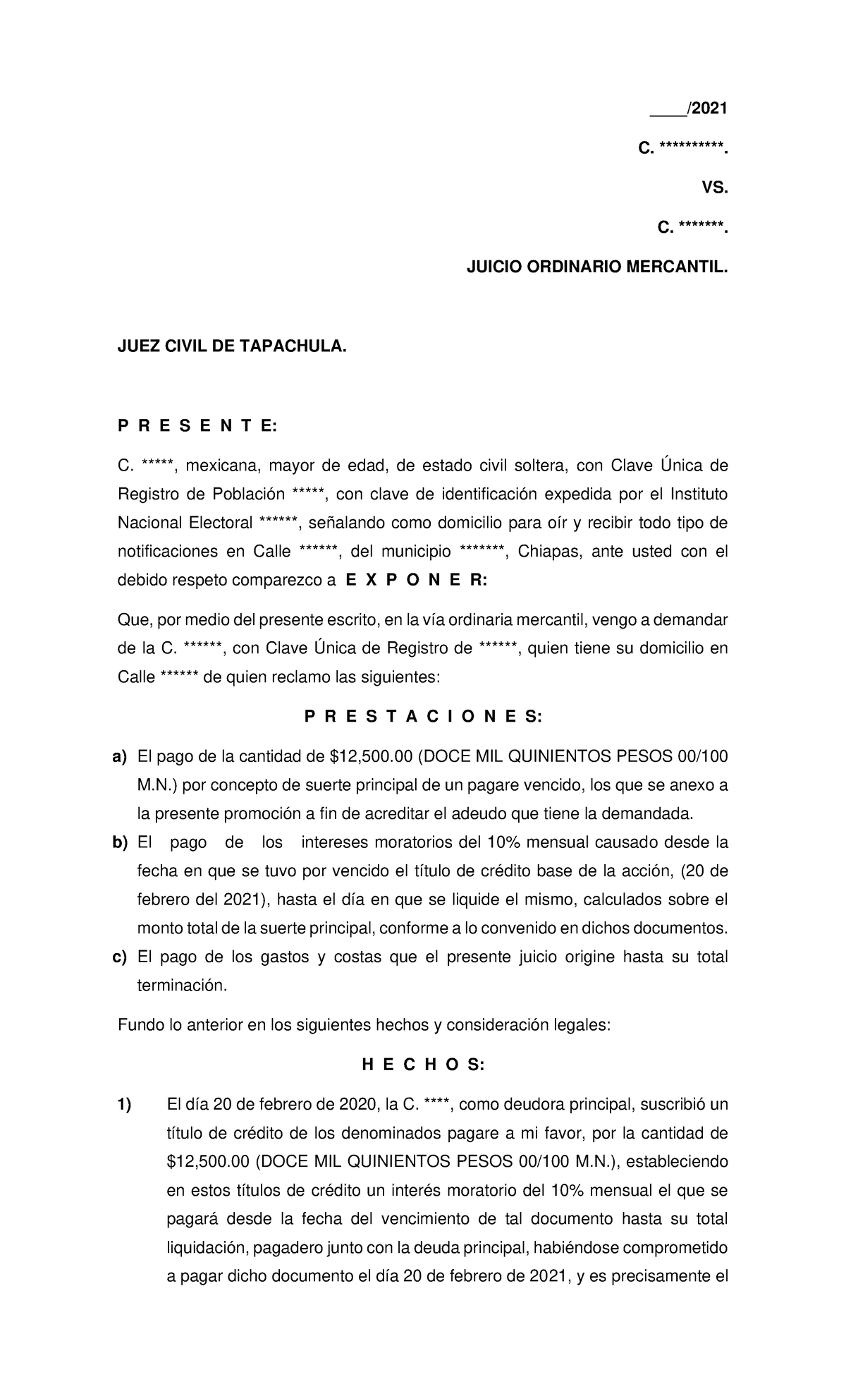 Demanda de Juicio Ordinario Mercantil: Ejemplo Práctico - Document Preview