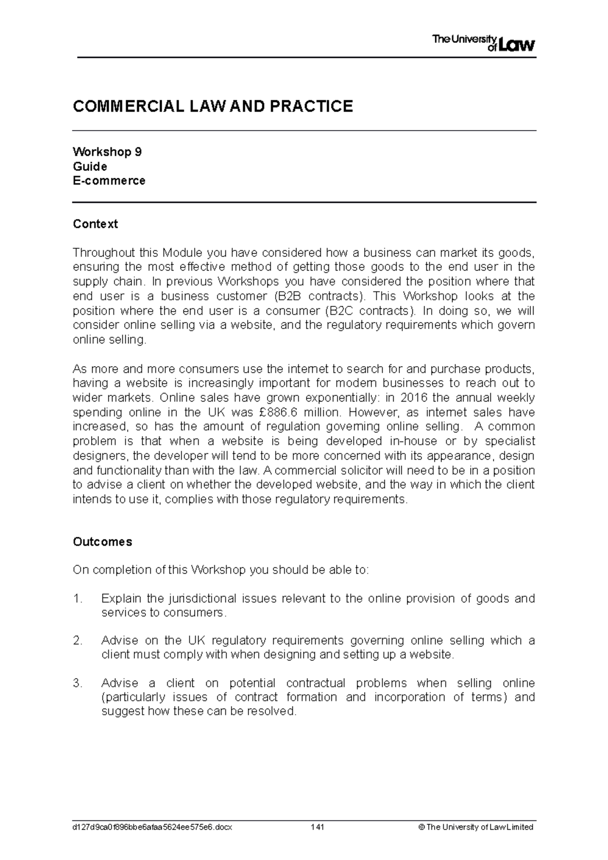 1920 comm ws09 ce01 guide - COMMERCIAL LAW AND PRACTICE Workshop 9 ...