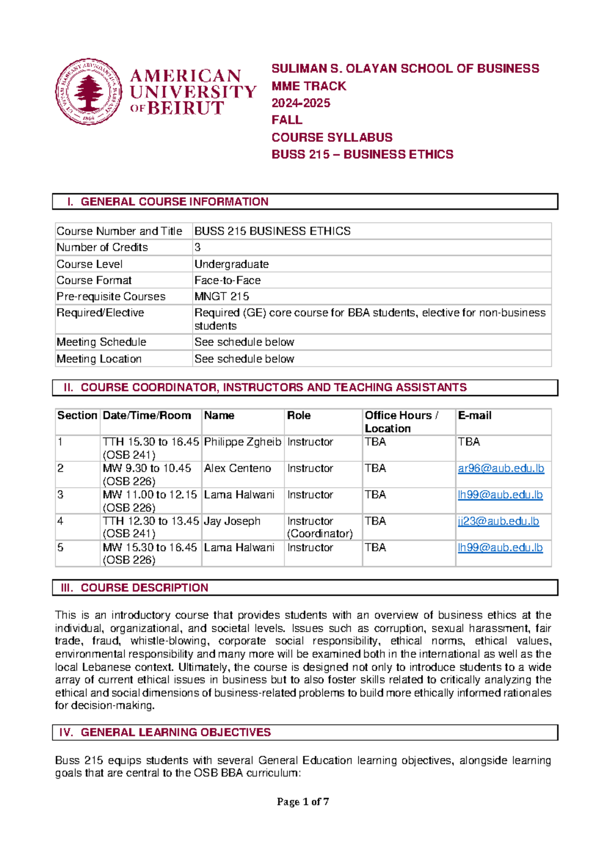 BUSS 215 Business Ethics Syllabus for Fall 2024-25 - Studocu