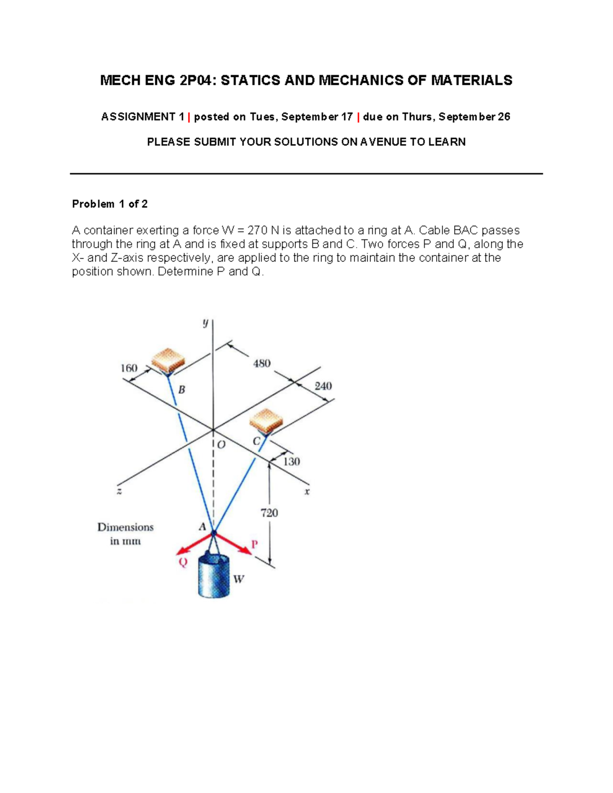MECH ENG 2P04: Statics & Mechanics of Materials - Assignment 1 Overview ...