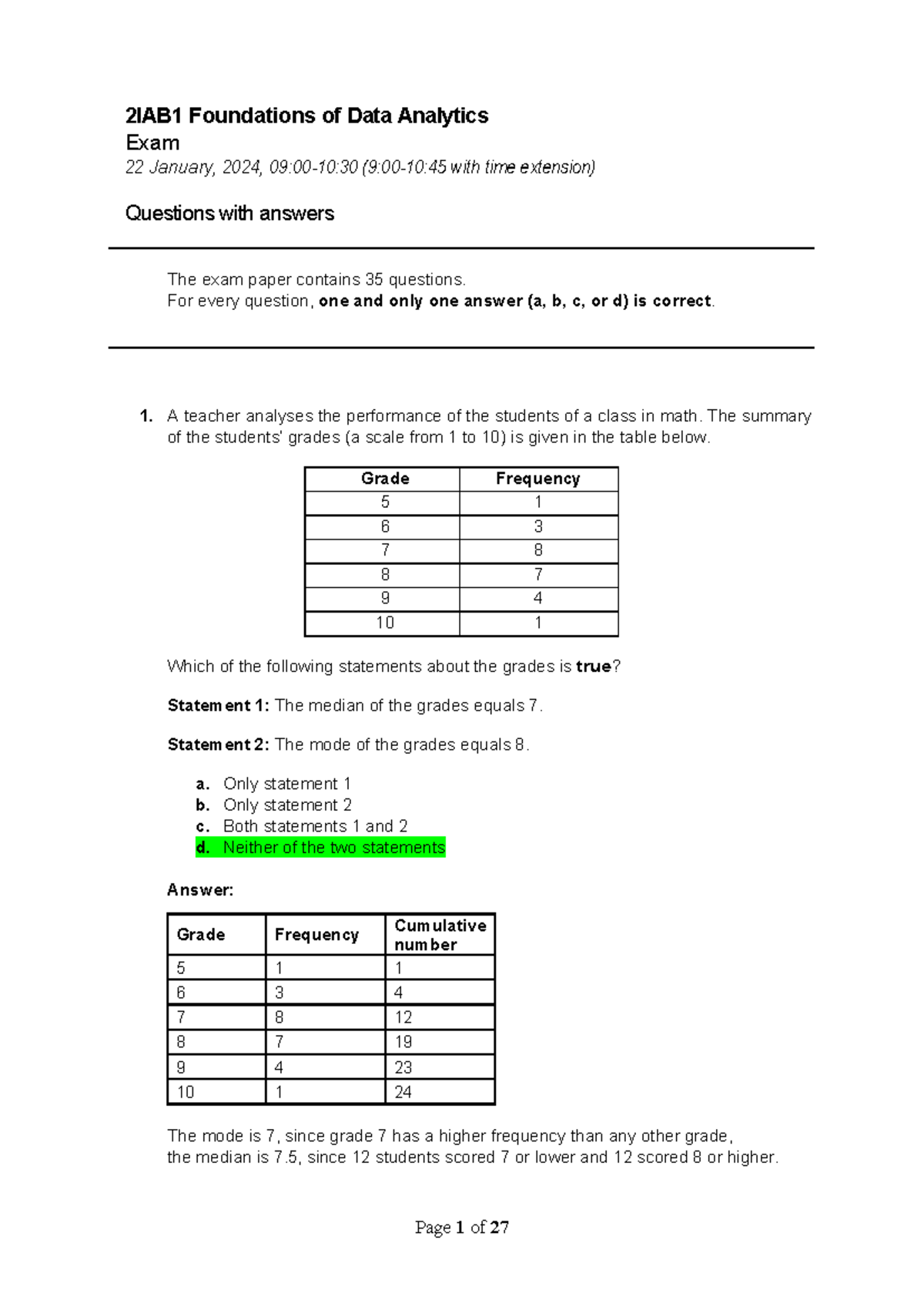 2IAB1 Foundations of Data Analytics Exam January 2024 Questions ...