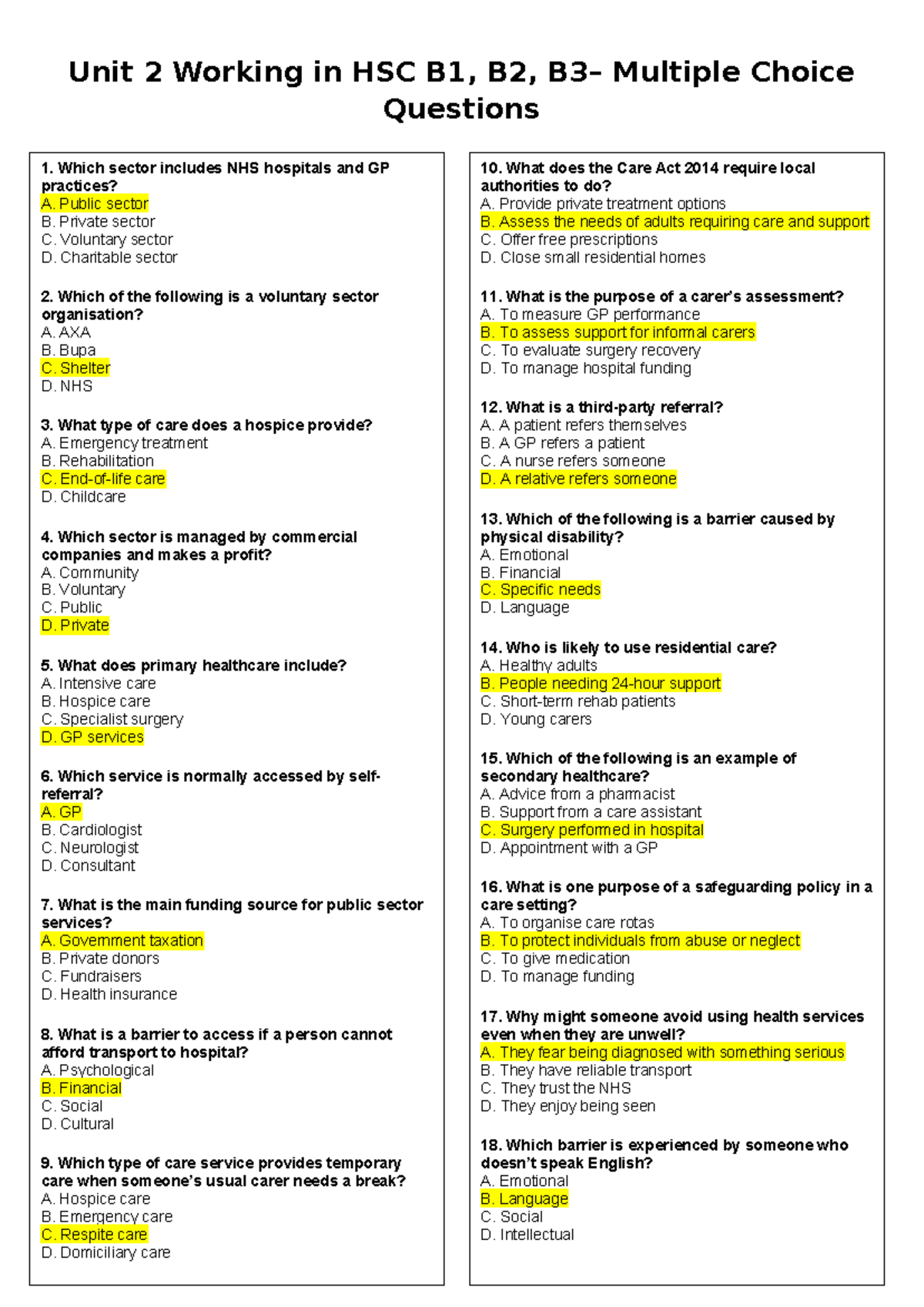 Unit 2 HSC B1, B2, B3 Multiple Choice Questions & Answers - Studocu