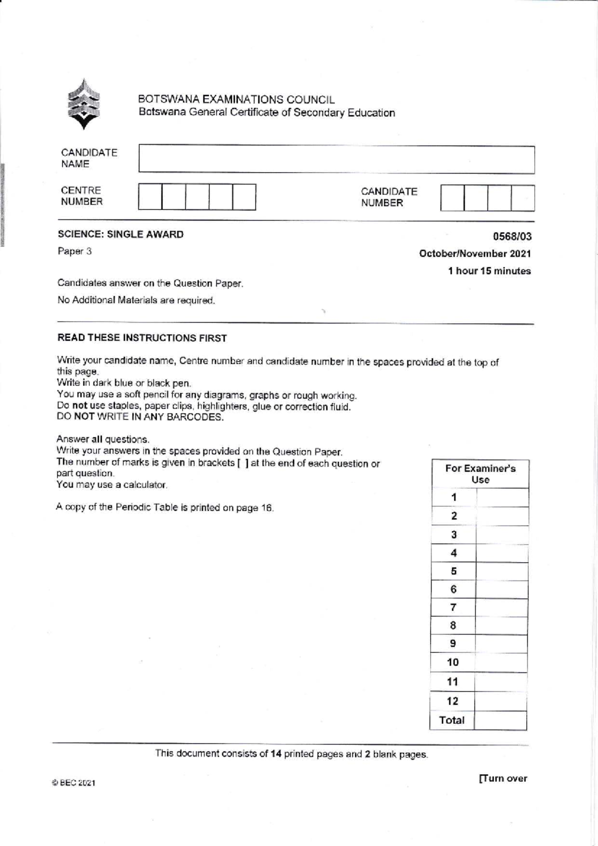 BEC 2021 Science Single Award Paper 3 Exam Questions - Studocu