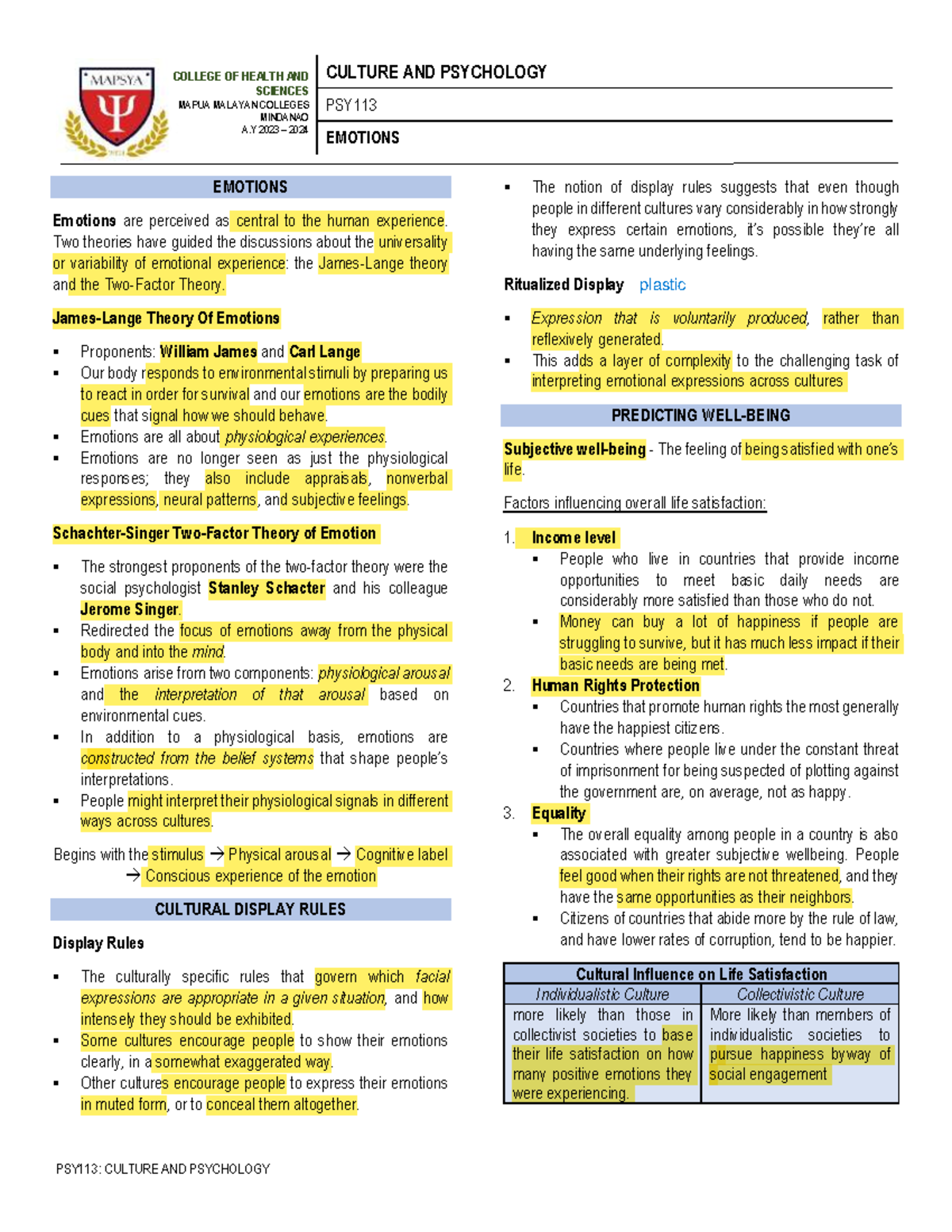 PSY113-M2L12: Emotions and Cultural Display Rules in Psychology - Studocu