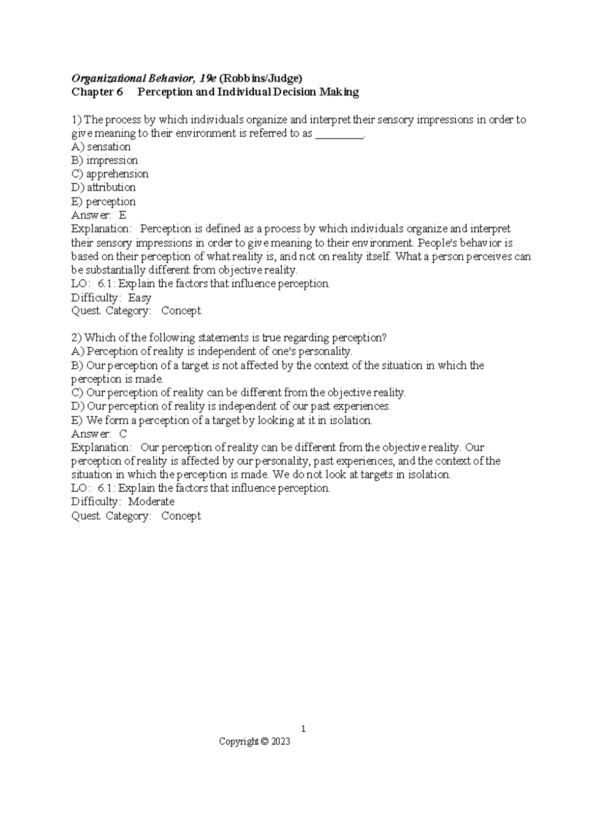 Test Bank for Organizational Behavior 19e: Chapter 6 - Perception ...