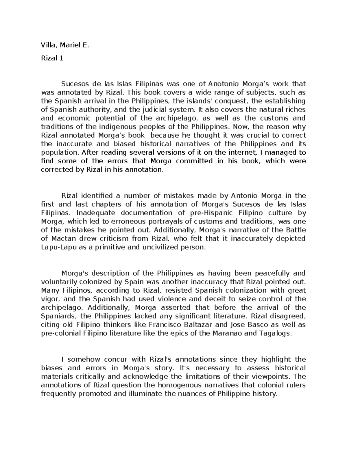 Rizal annotation activity - Villa, Mariel E. Rizal 1 Sucesos de las ...