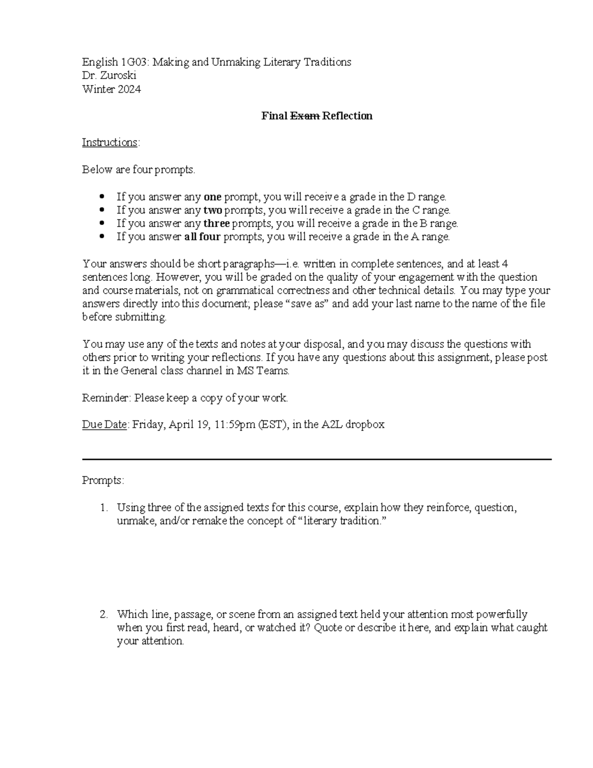Eng 1G03 Final Exam Reflection: Literary Traditions Insights 2024 - Studocu