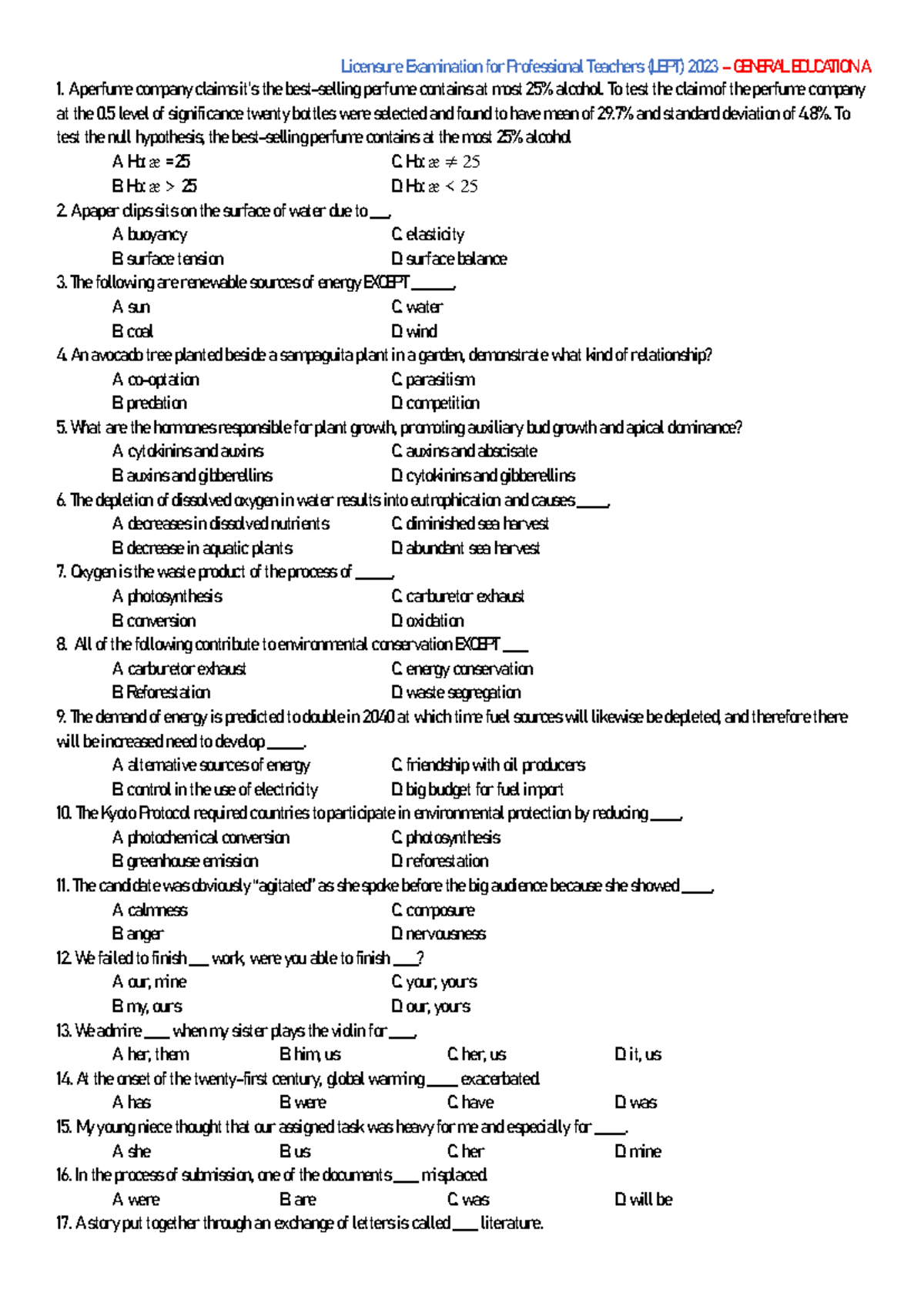 GEN.ED A (LEPT Questionnaire Answers - 2023) - Studocu