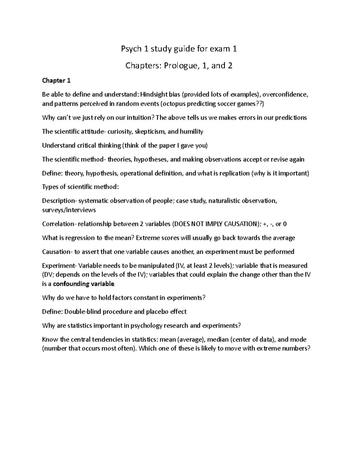 Psych 1 Study Guide for Exam 1: Prologue, Chapters 1 & 2 - Studocu
