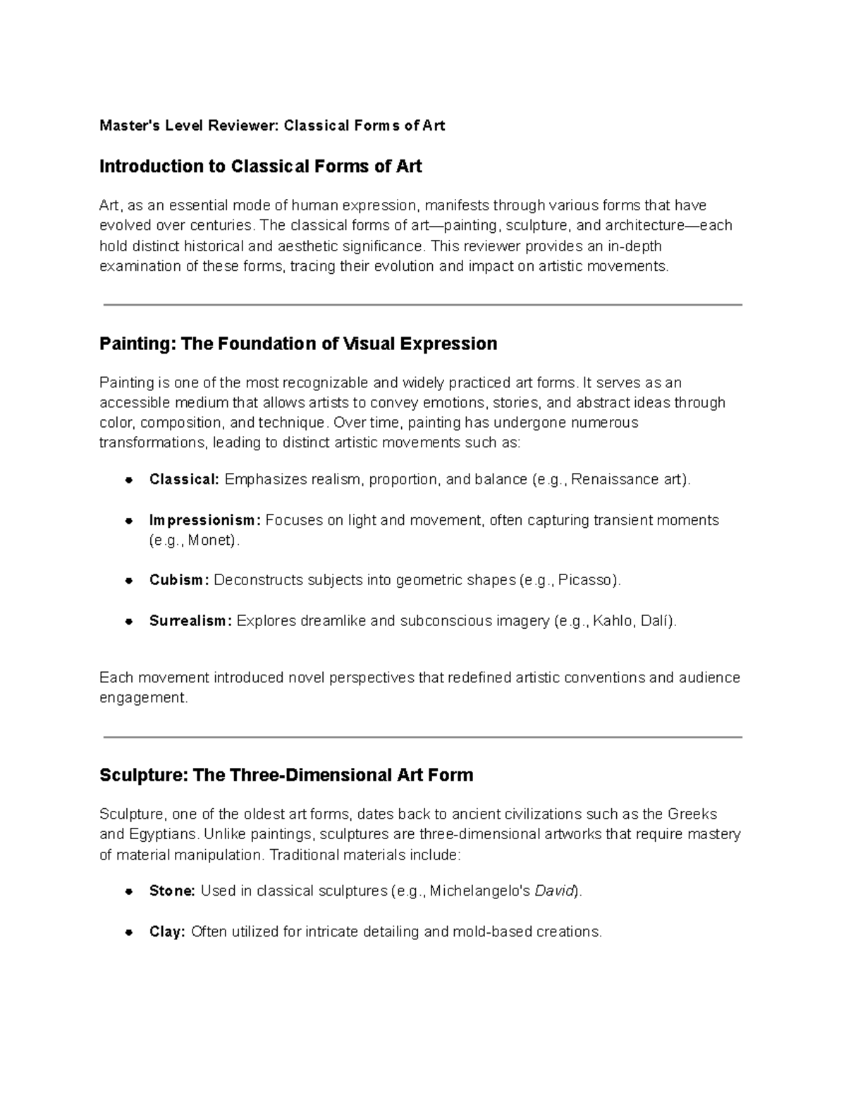 Art App Midterm Reviewer: Classical Forms of Art and Their Impact - Studocu
