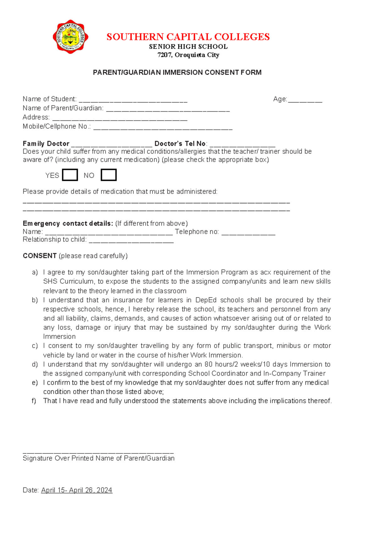 SHS Immersion Parent/Guardian Consent Form - April 2024 - Studocu