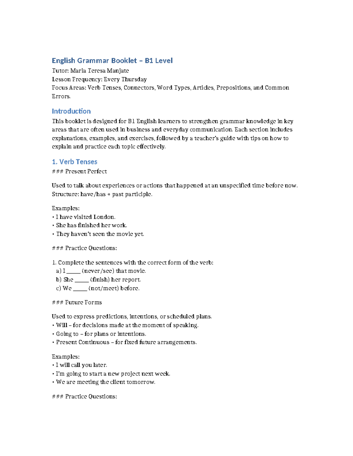 B1 English Grammar Booklet: Key Concepts & Practice Exercises - Studocu