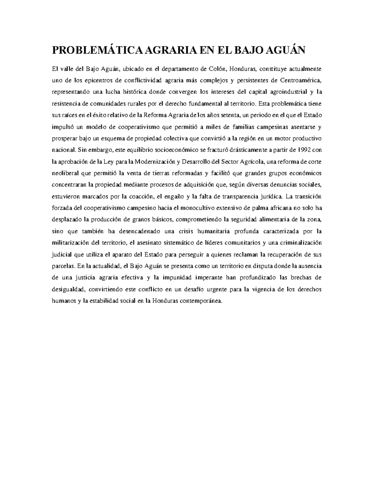 Análisis del Conflicto Agrario en el Bajo Aguán: Causas y Consecuencias ...