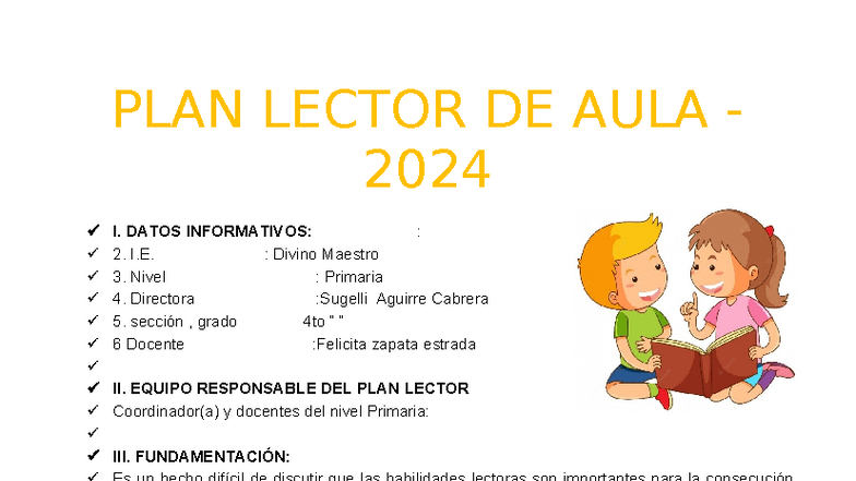 Plan Lector de Aula 2024 - Divino Maestro, Grado 4to - Studocu