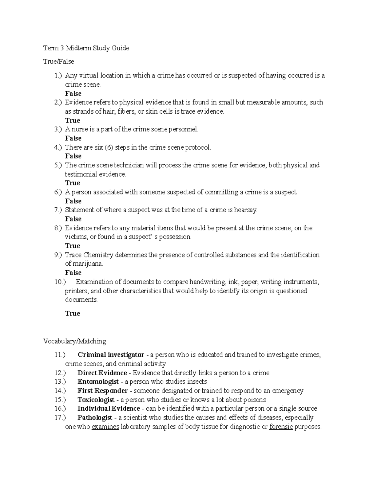 Term 3 Midterm Study Guide: Forensic Evidence and Investigation ...