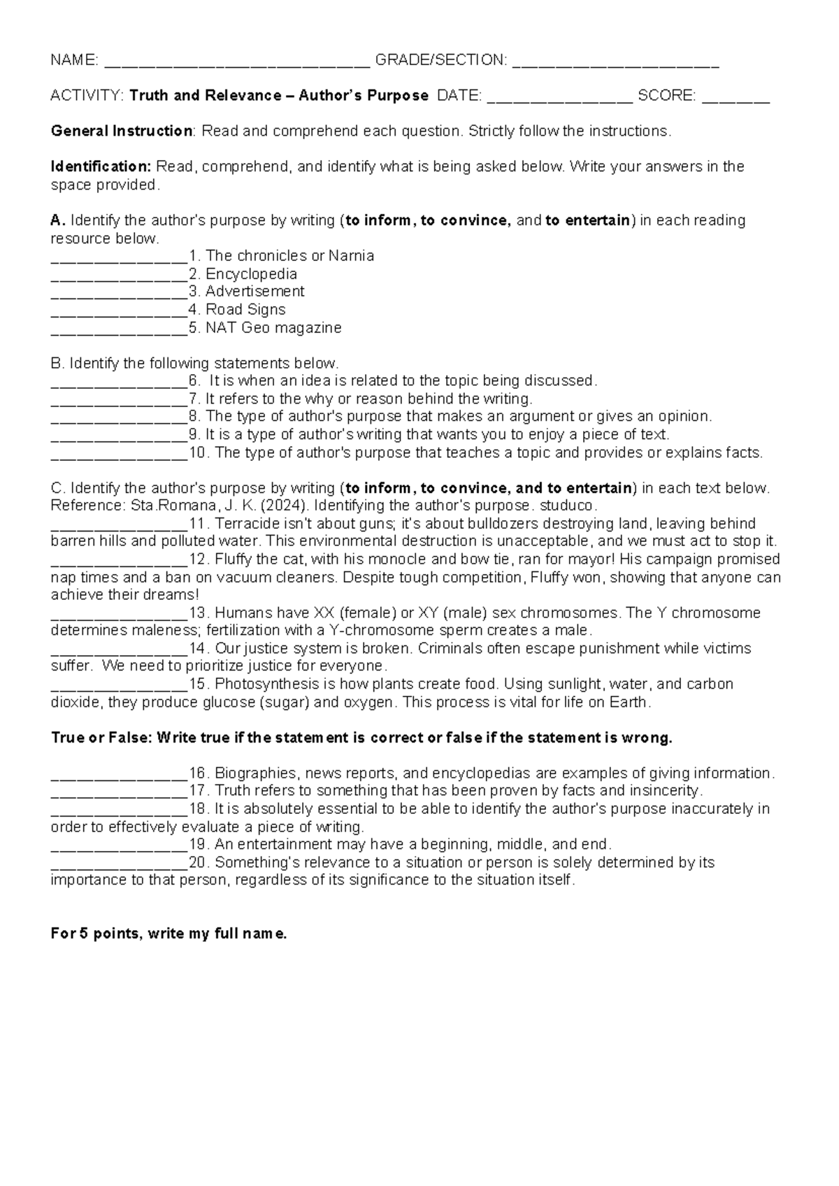 Truth and Relevance: Author's Purpose Worksheet (ENG101) - Studocu