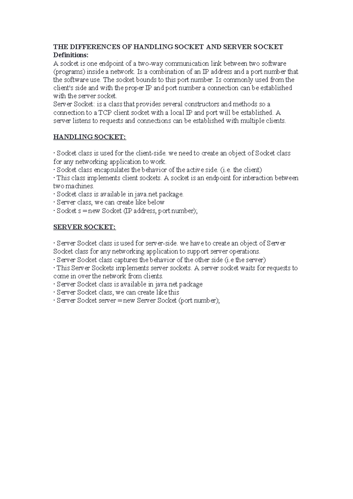 JAVA DISC WEEK 6: Handling Socket vs Server Socket Explained - Studocu