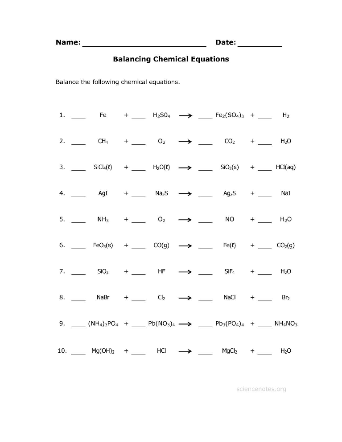 CHEM 101 Balancing Chemical Equations Practice Worksheet - Studocu