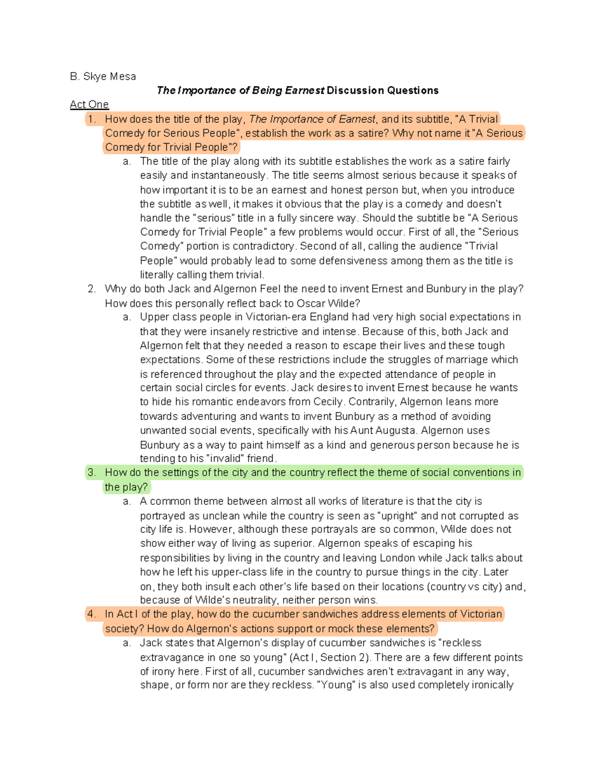 The Importance of Being Earnest Discussion Questions Act One - B. Skye ...