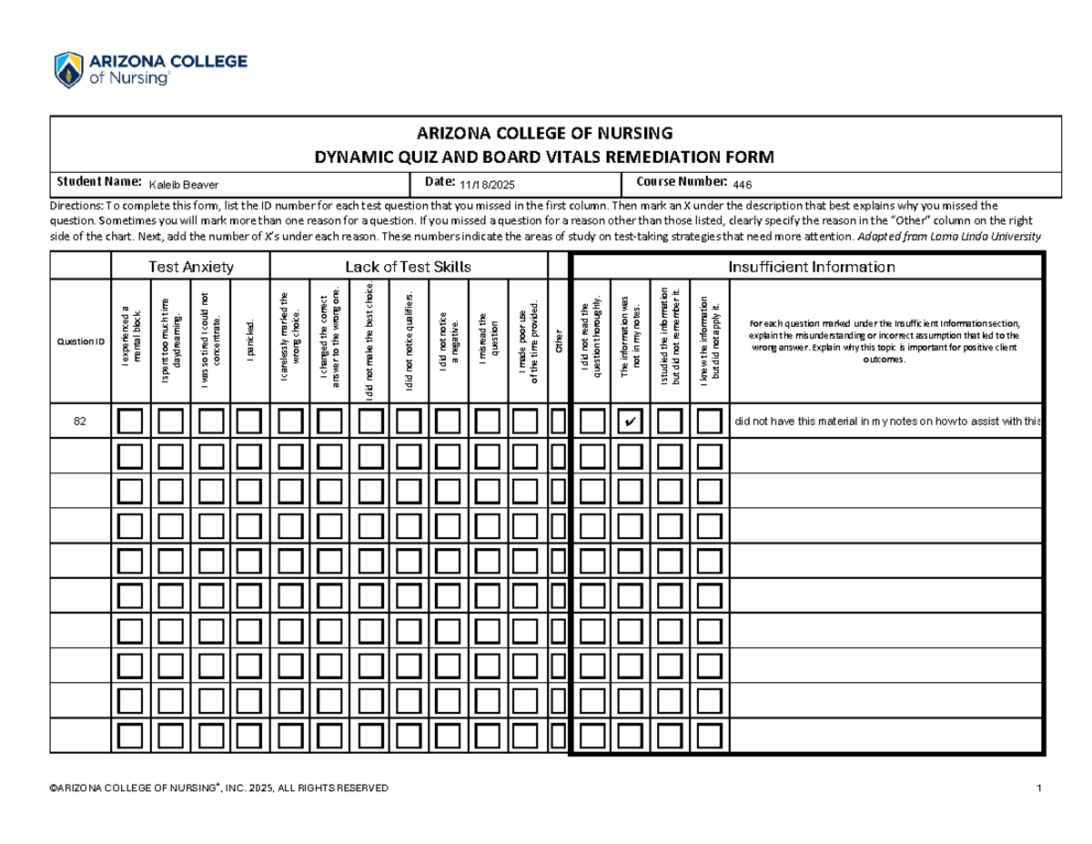 ARIZONA COLLEGE OF NURSING QUIZ REMEDIATION FORM - Course 446 - Studocu