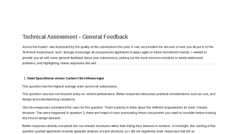 Chassis Technical Assessment (ENGR 101) - General Feedback Summary ...
