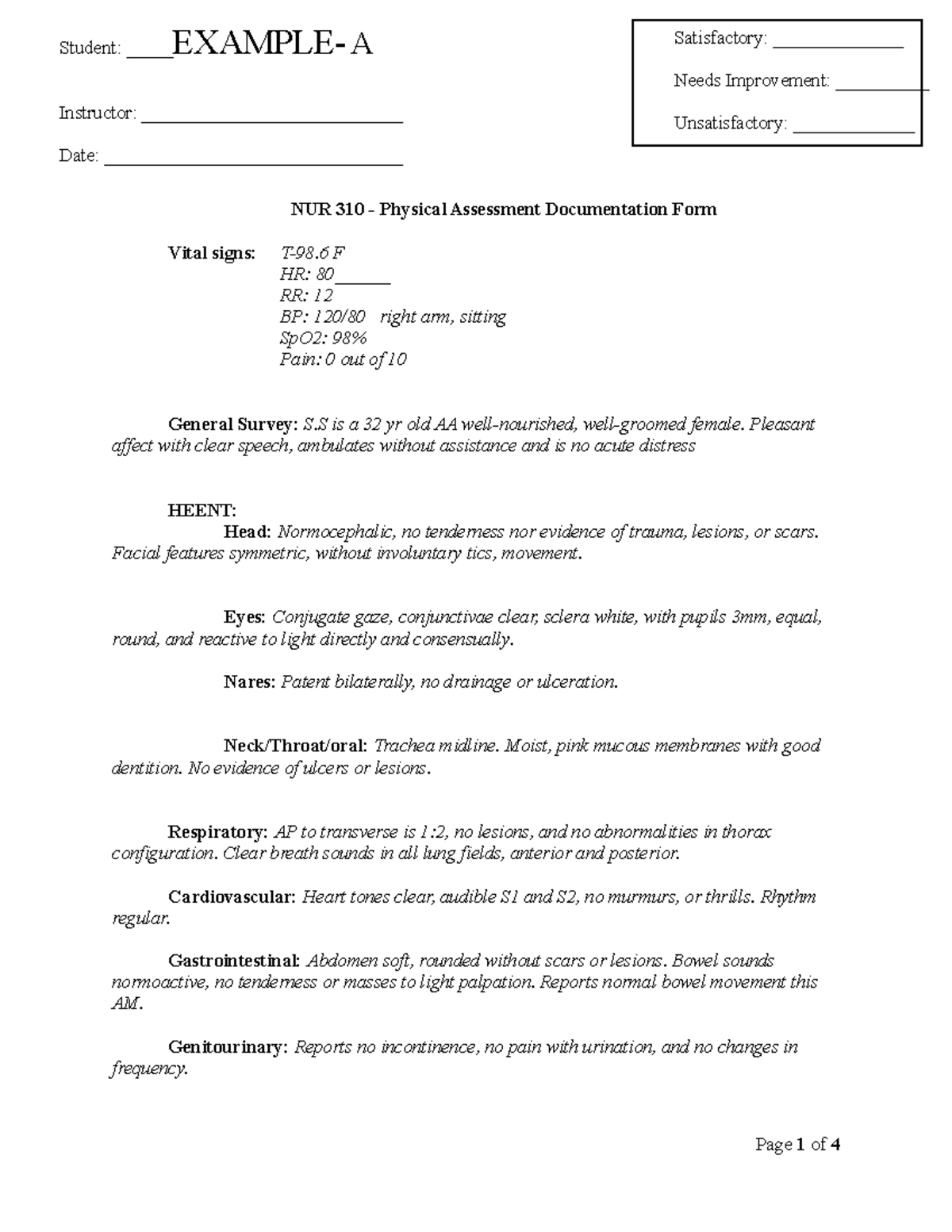 NUR 310 - Example Physical Assessment Documentation Form A - Studocu