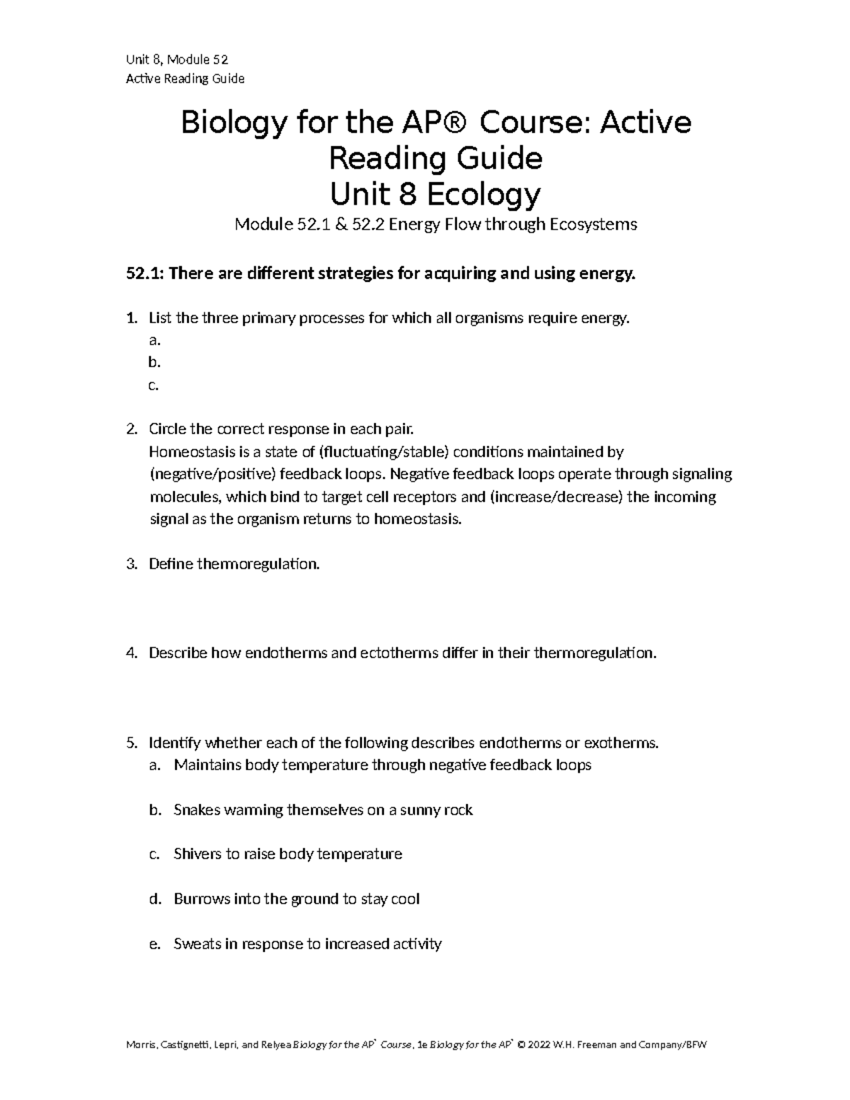 Unit 8, Module 52 Active Reading Guide: Energy Flow in Ecosystems - Studocu