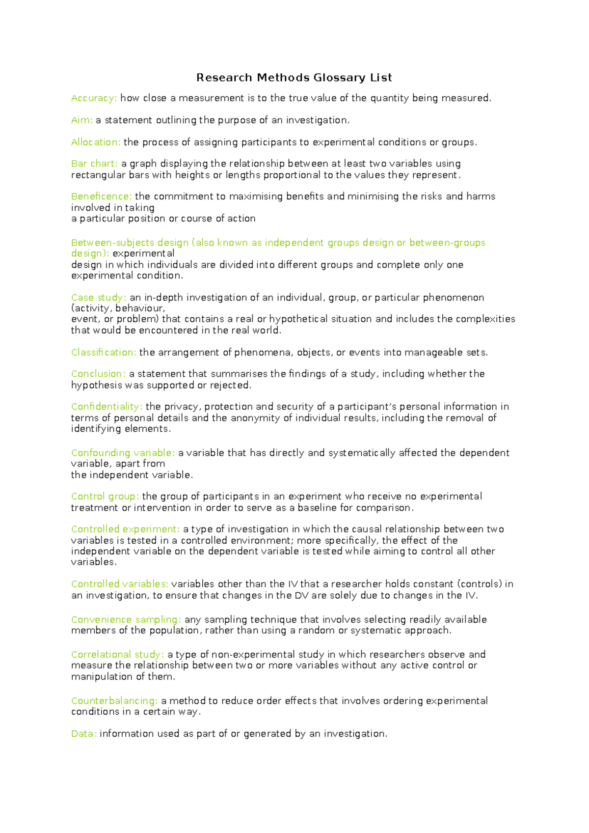 Psychology Glossary: Key Terms and Concepts for Research Methods - Studocu
